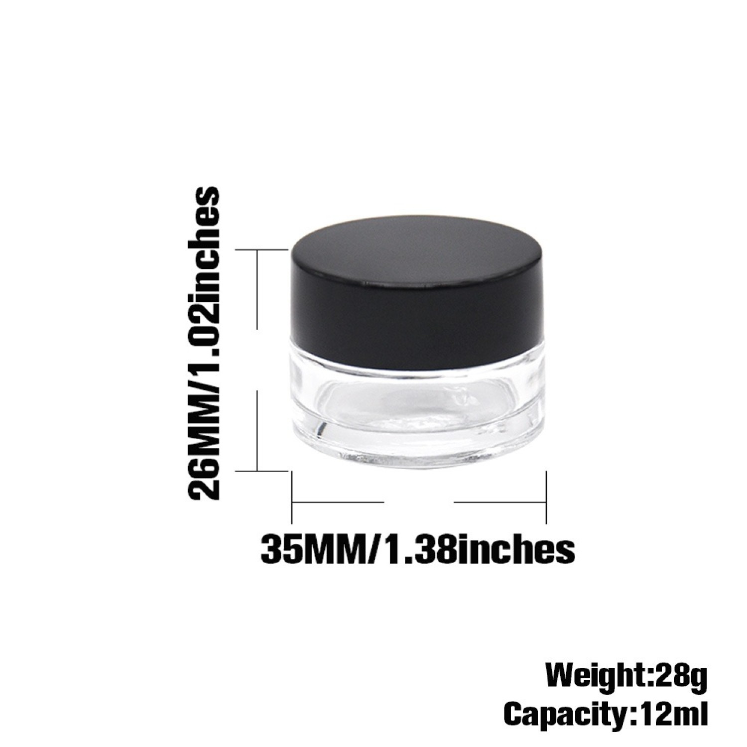Glasbehälter mit deckel, Klare Glas & Schwarz Deckel | Small Größe: 26 x 35 mm, Weight: 28g, Capacity: 12ml