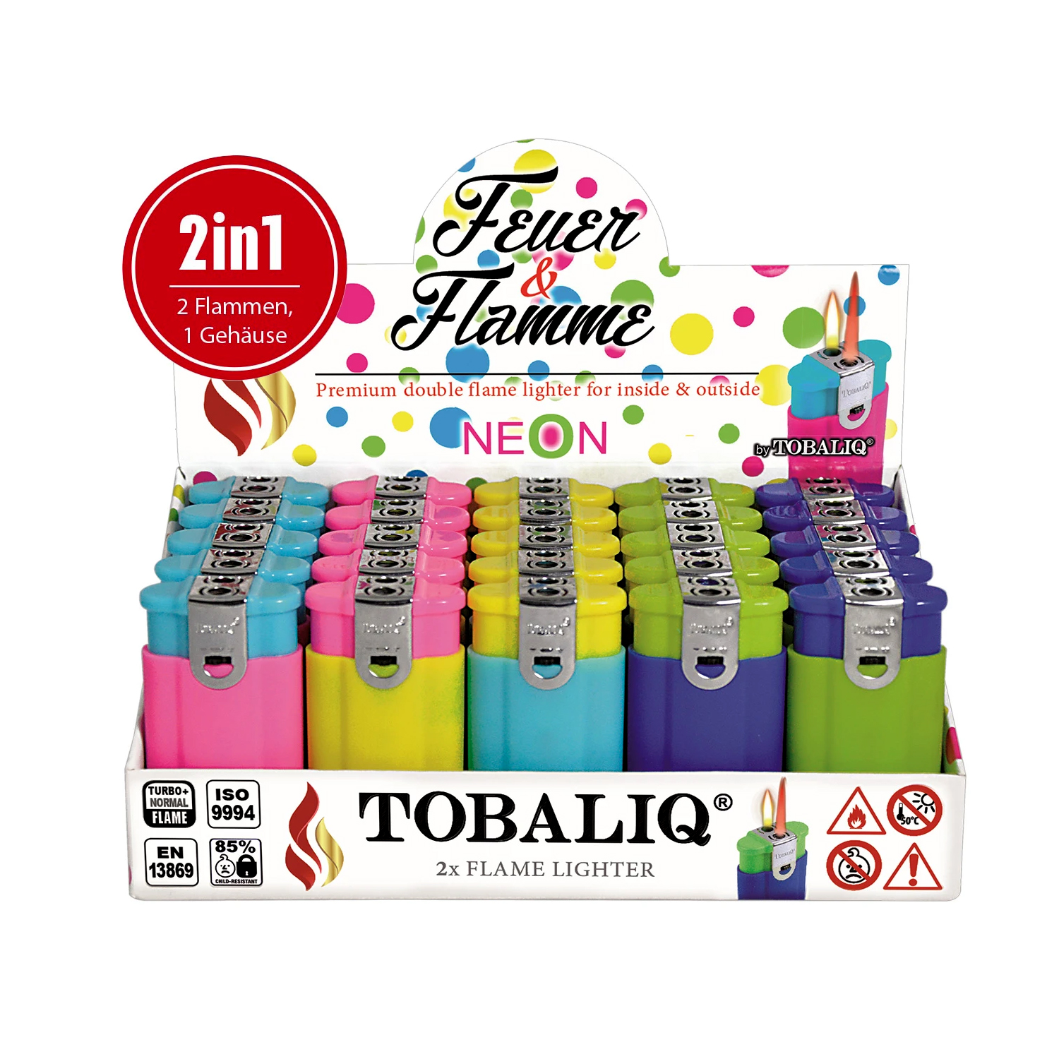 Feuerzeug 2in1 “Feuer & Flamme” Neon-Mix, 25er Display
