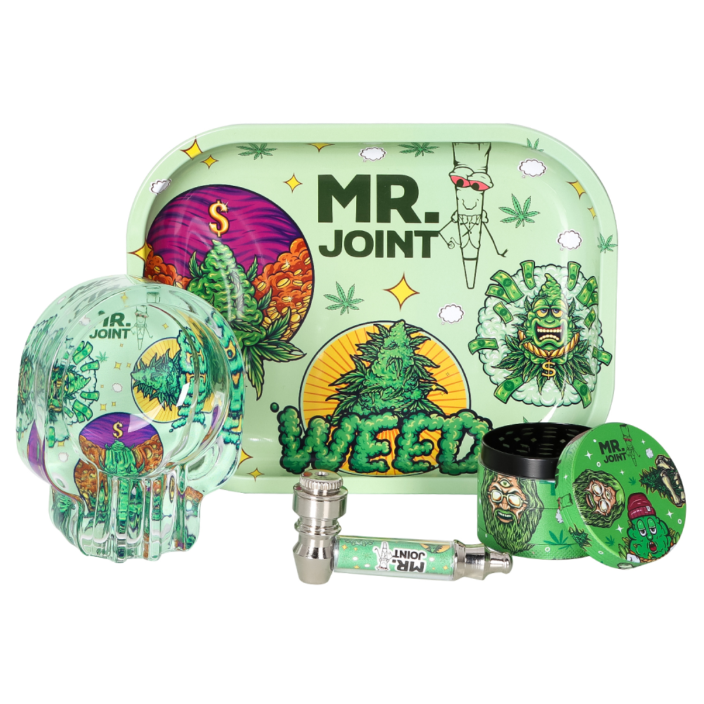 SET 'Mr. Joint' - Metallpfeife 7cm + Grinder ø50mm + Rolling Tray + Glasaschenbecher