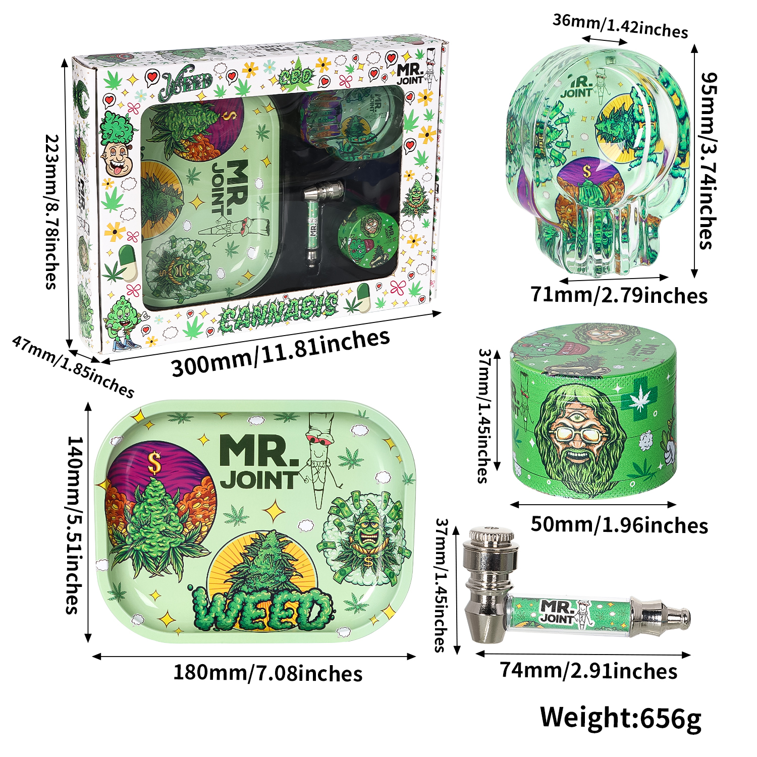 SET 'Mr. Joint' - Metallpfeife 7cm + Grinder ø50mm + Rolling Tray + Glasaschenbecher