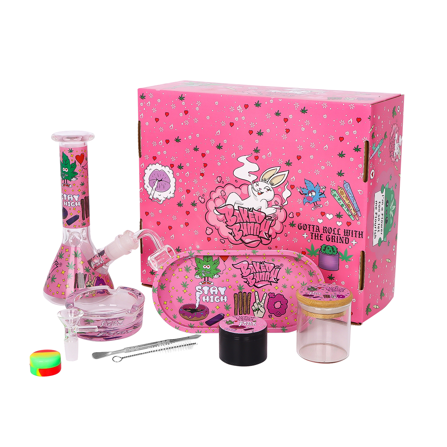  Bong Set – Bong + Rolltablett + Grinder + Glasgefäß + Aschenbecher aus Glas + Bürste + Löffel