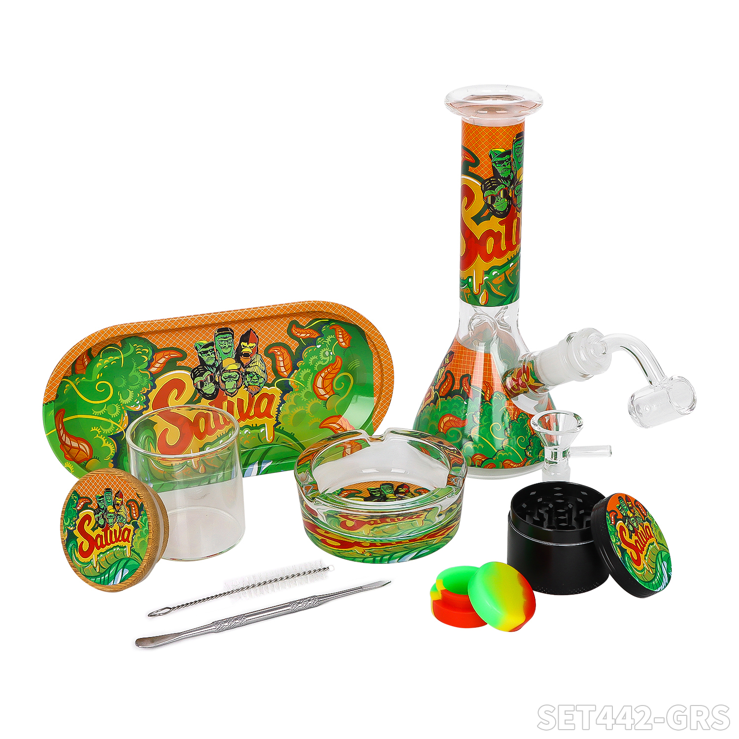 Gorilla Bong Set – Bong + Rolltablett + Grinder + Glasgefäß + Aschenbecher aus Glas + Bürste + Löffel