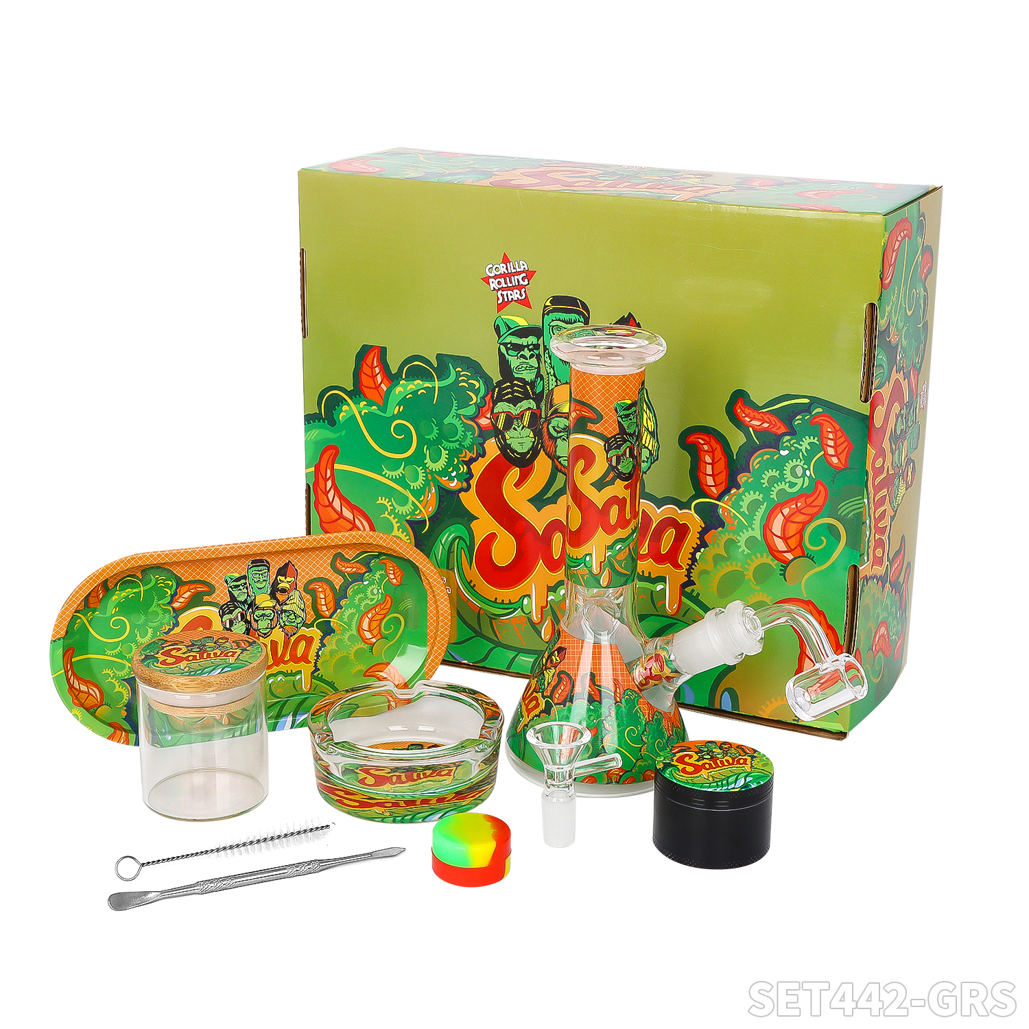 Gorilla Bong Set – Bong + Rolltablett + Grinder + Glasgefäß + Aschenbecher aus Glas + Bürste + Löffel