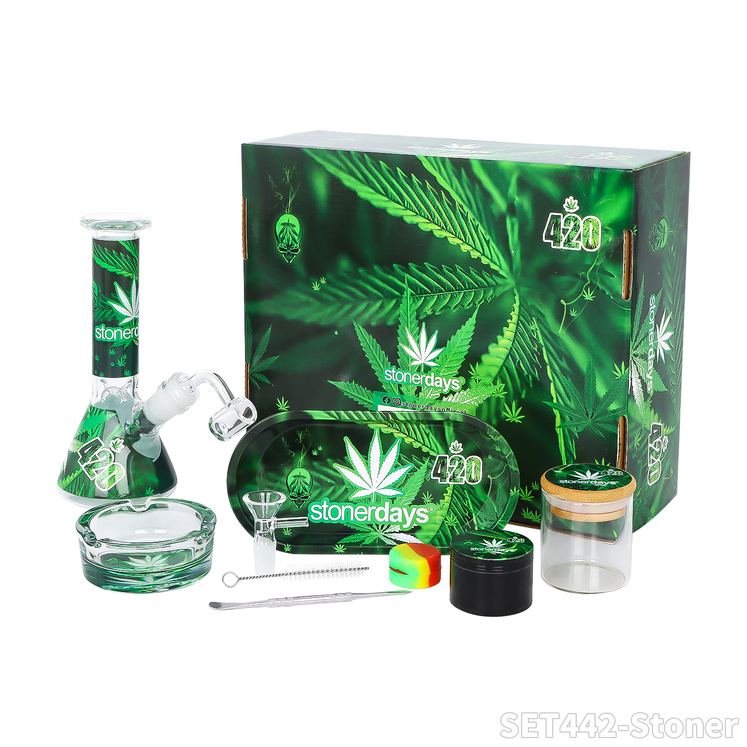  Bong Set – Bong + Rolltablett + Grinder + Glasgefäß + Aschenbecher aus Glas + Bürste + Löffel