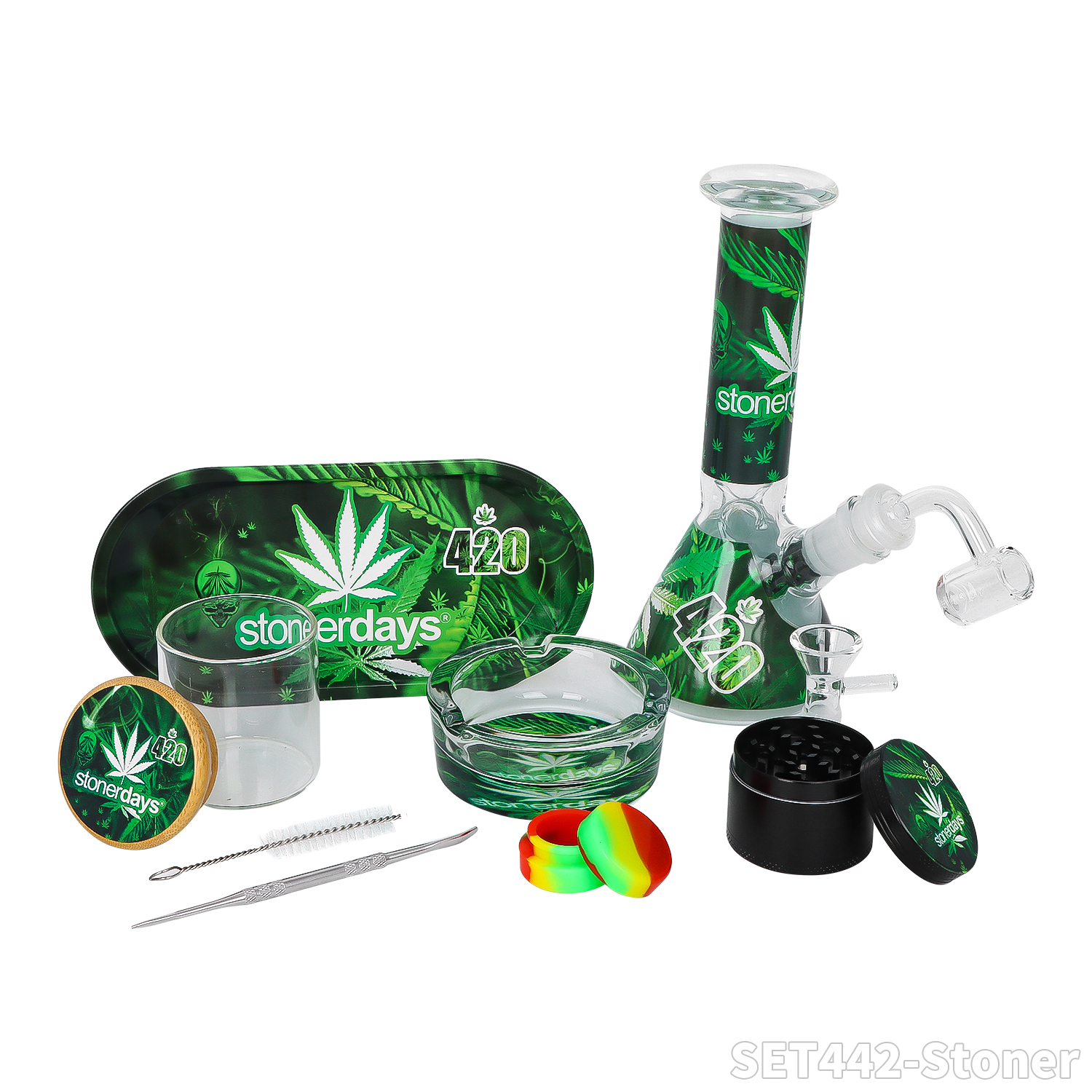  Bong Set – Bong + Rolltablett + Grinder + Glasgefäß + Aschenbecher aus Glas + Bürste + Löffel