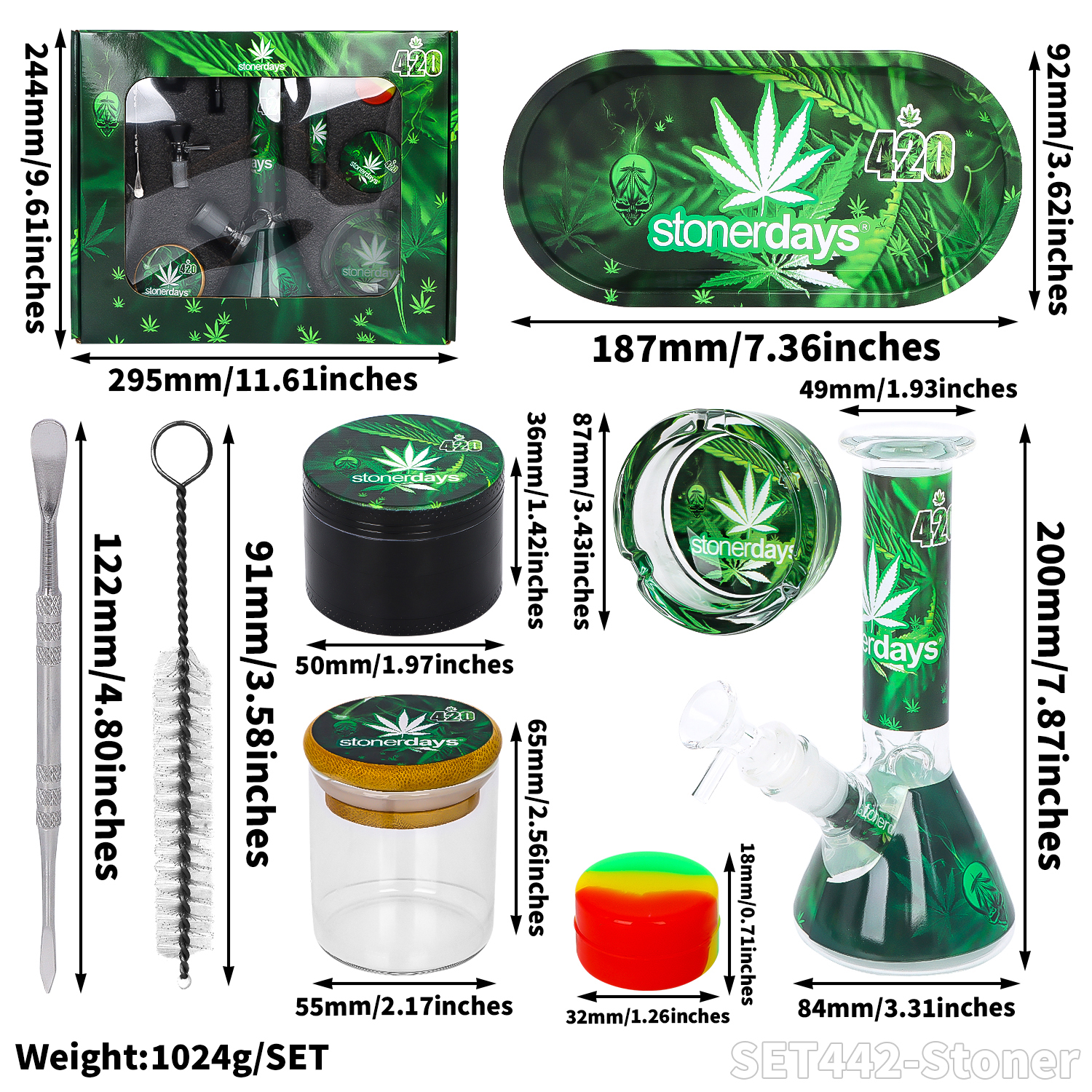  Bong Set – Bong + Rolltablett + Grinder + Glasgefäß + Aschenbecher aus Glas + Bürste + Löffel