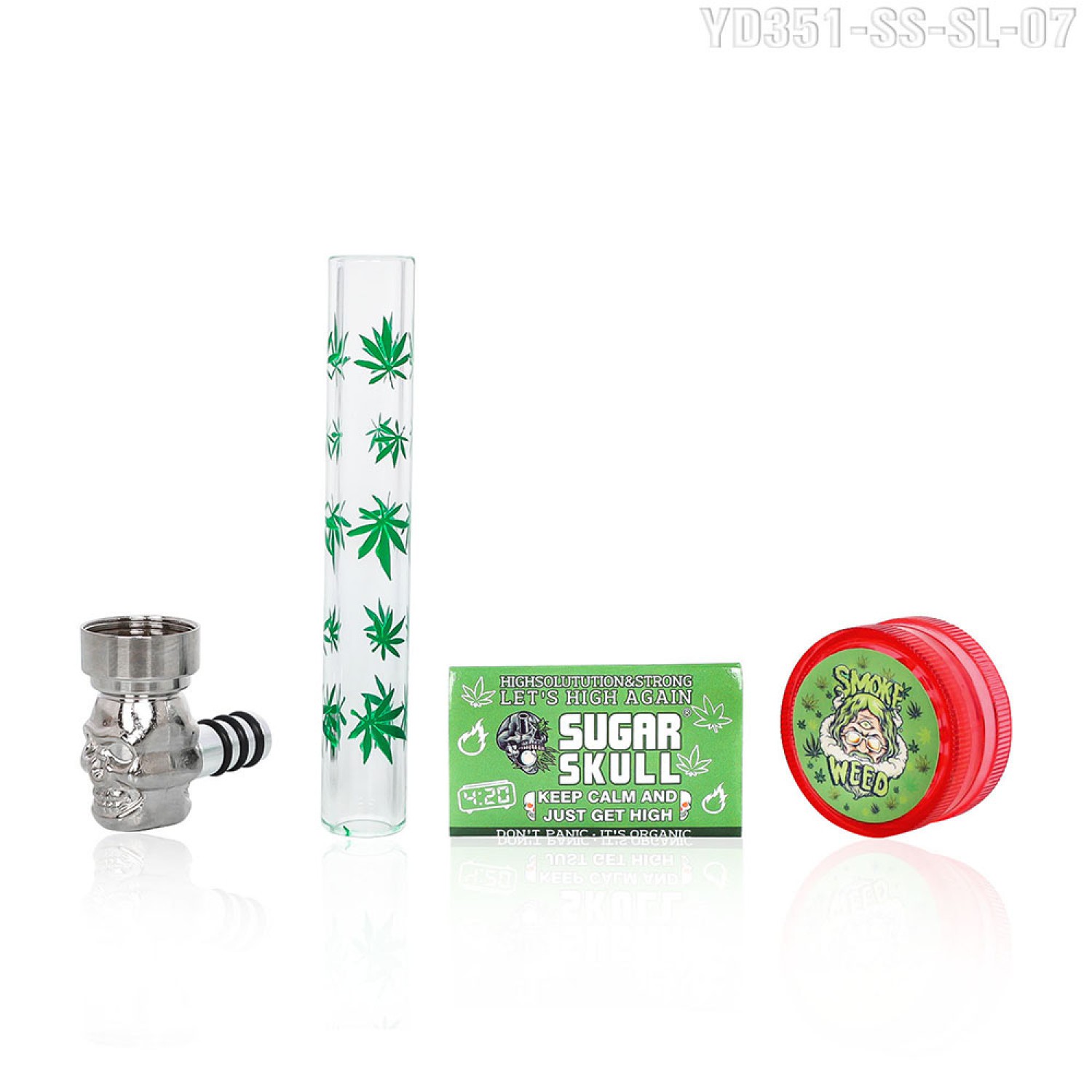 Sugar Skull Set - Metall & Glas Pfeife  + Grinder  + Pfeifensieb