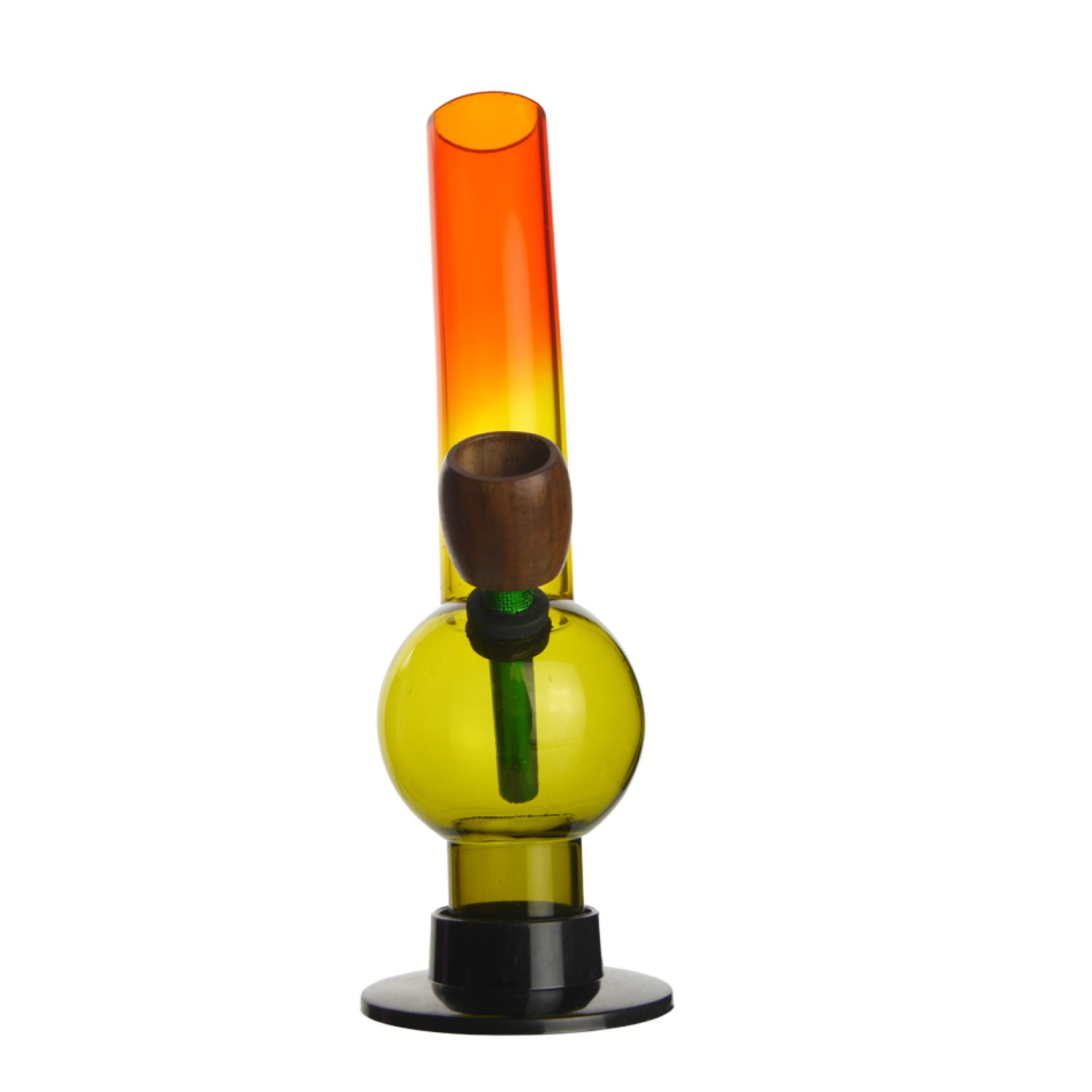 Acrylbong gebogen "Rasta" mit Kugel & Holzkopf – Ø 30 mm, Höhe ca. 20 cm