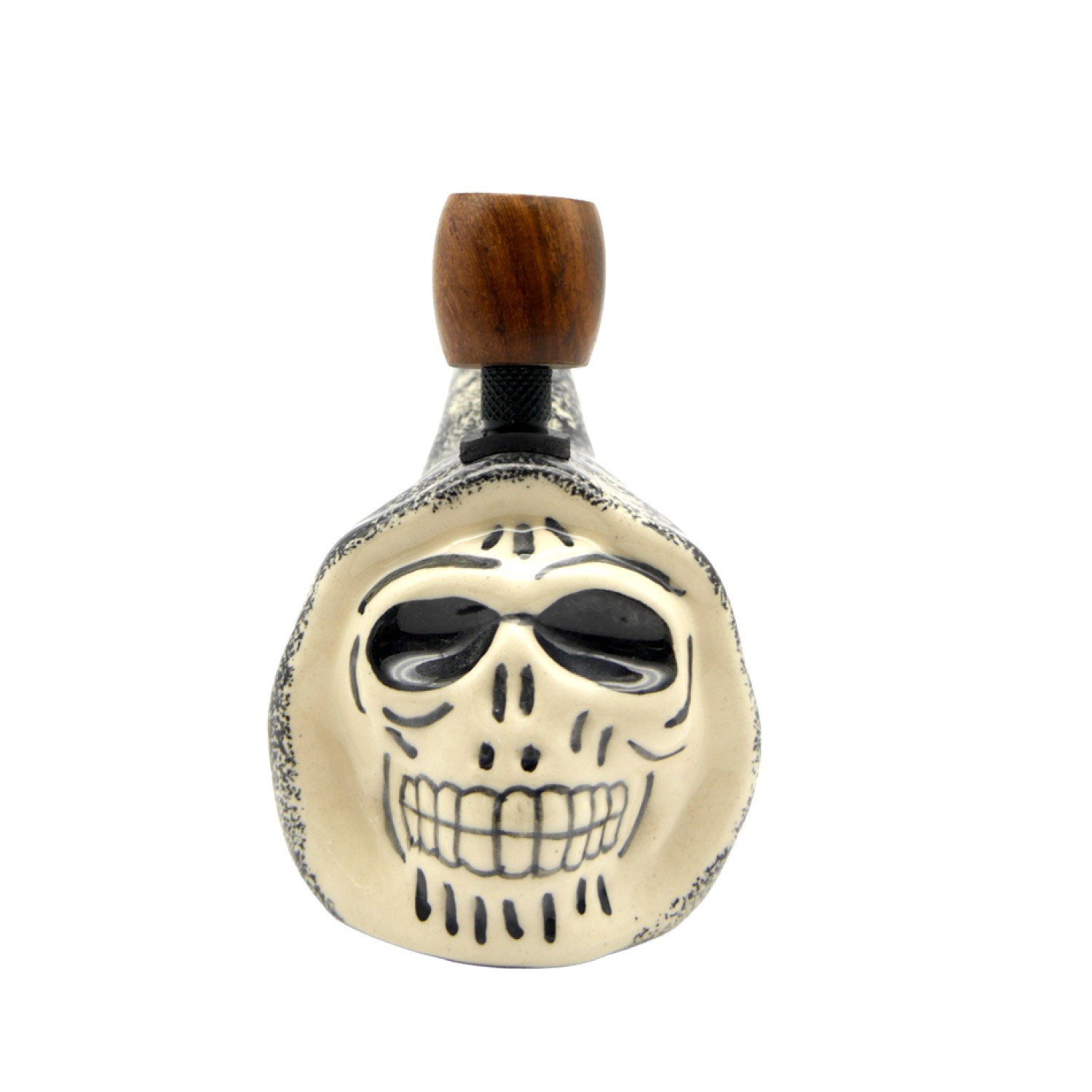 Keramik Bong Skull Form Grau / Weiß mit Holz-Kopf, ca. Ø: 70mm, H: 12cm