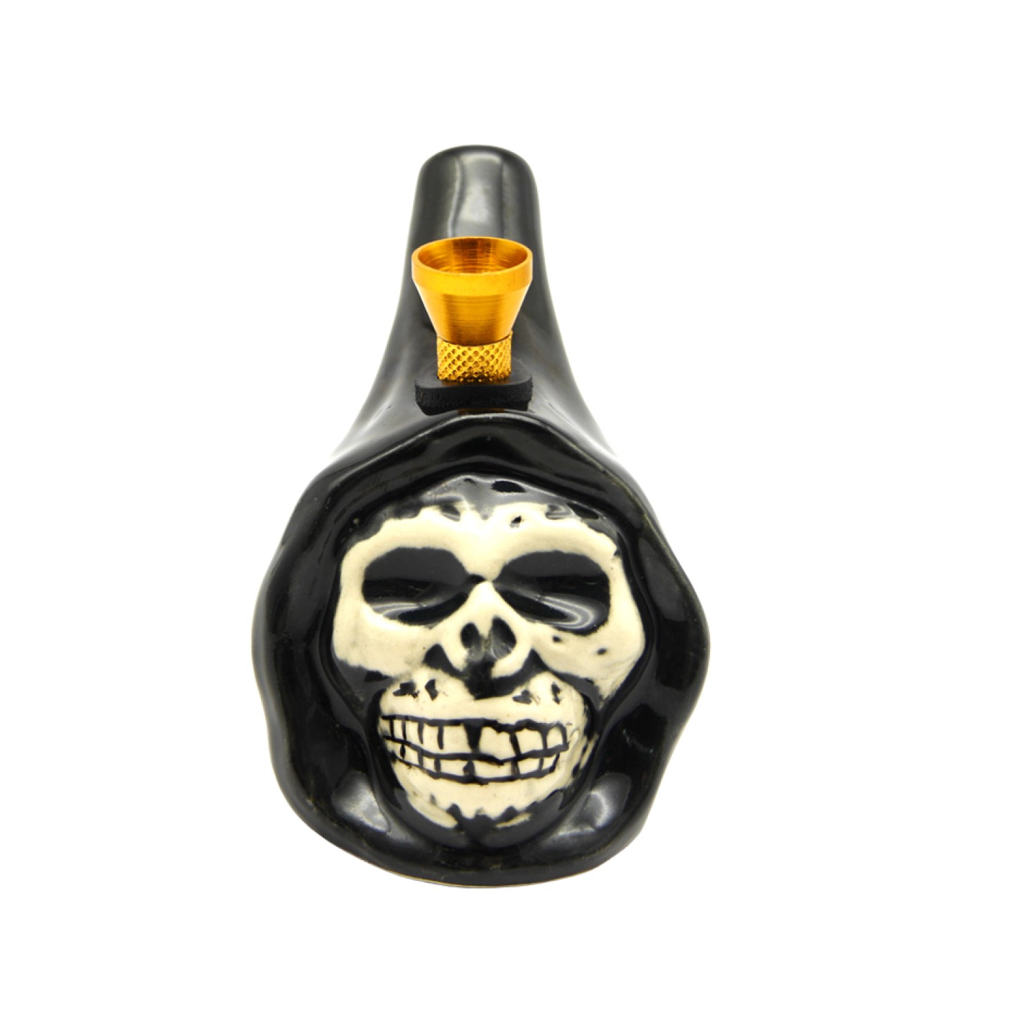 Keramik Bong Skull Form Schwarz / Weiß mit Holz-Kopf, ca. Ø: 70mm, H: 12cm