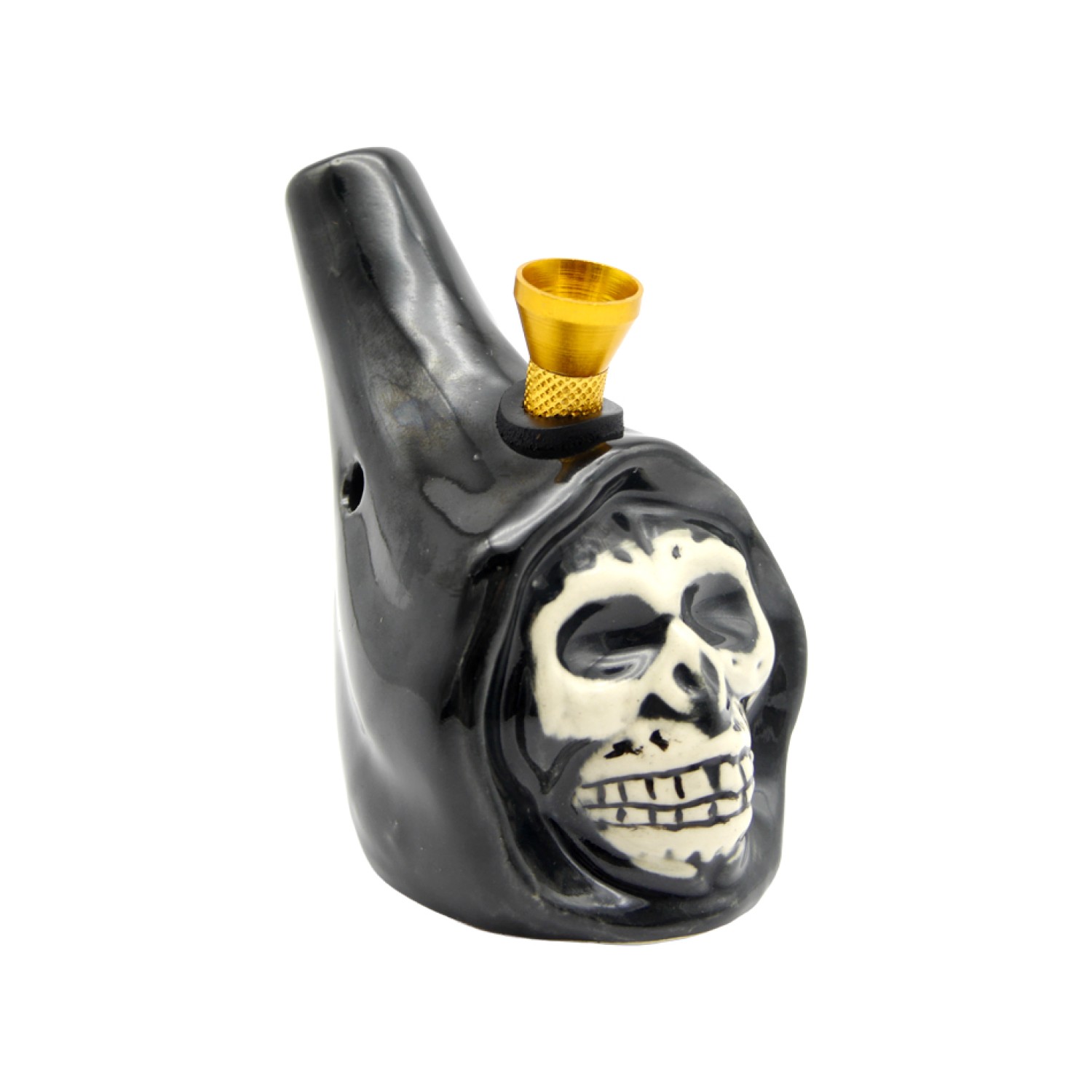 Keramik Bong Skull Form Schwarz / Weiß mit Holz-Kopf, ca. Ø: 70mm, H: 12cm