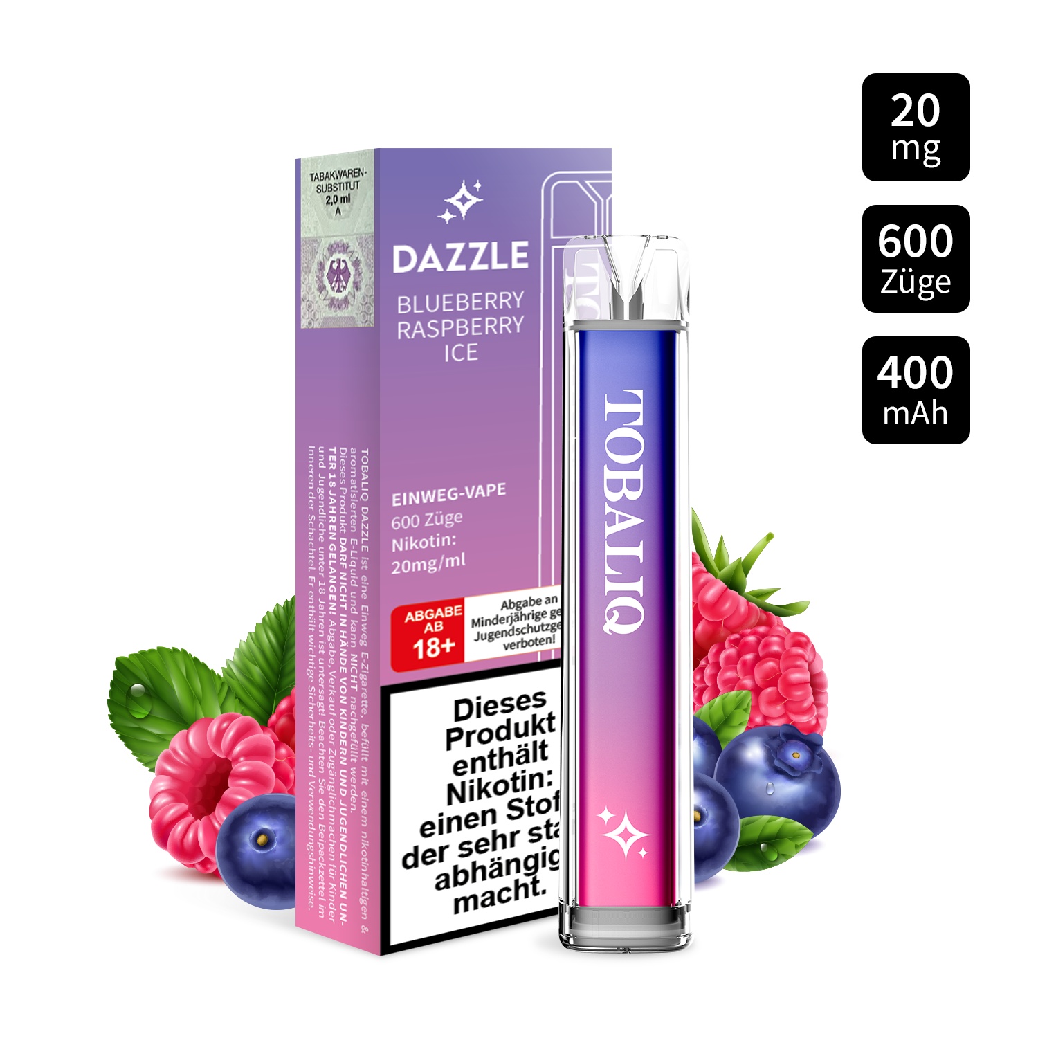 DAZZLE - Einweg-Vape 600 Züge – 20mg Nikotin – BLUEBERRY RASPBERRY ICE