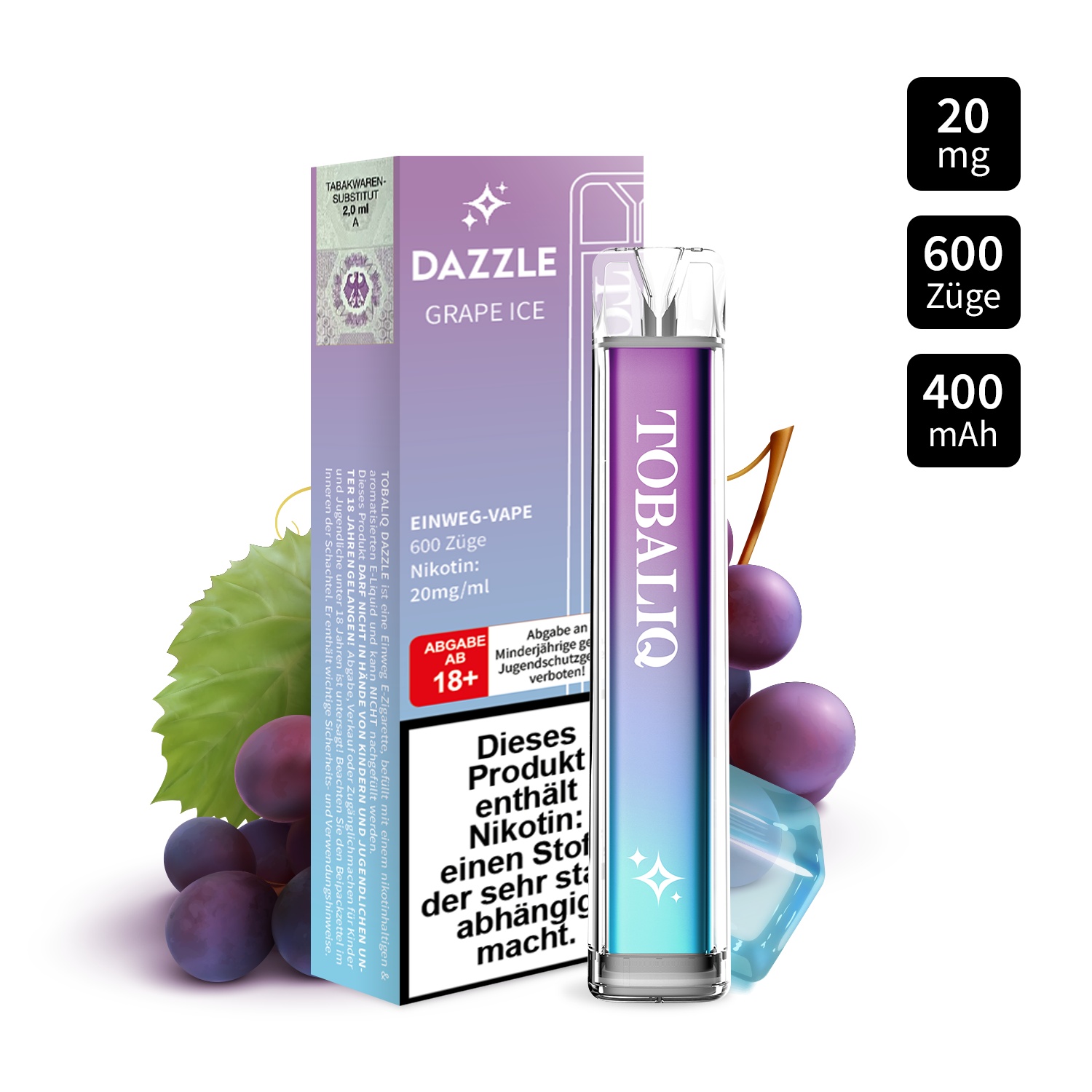 DAZZLE - Einweg-Vape 600 Züge – 20mg Nikotin – GRAPE ICE