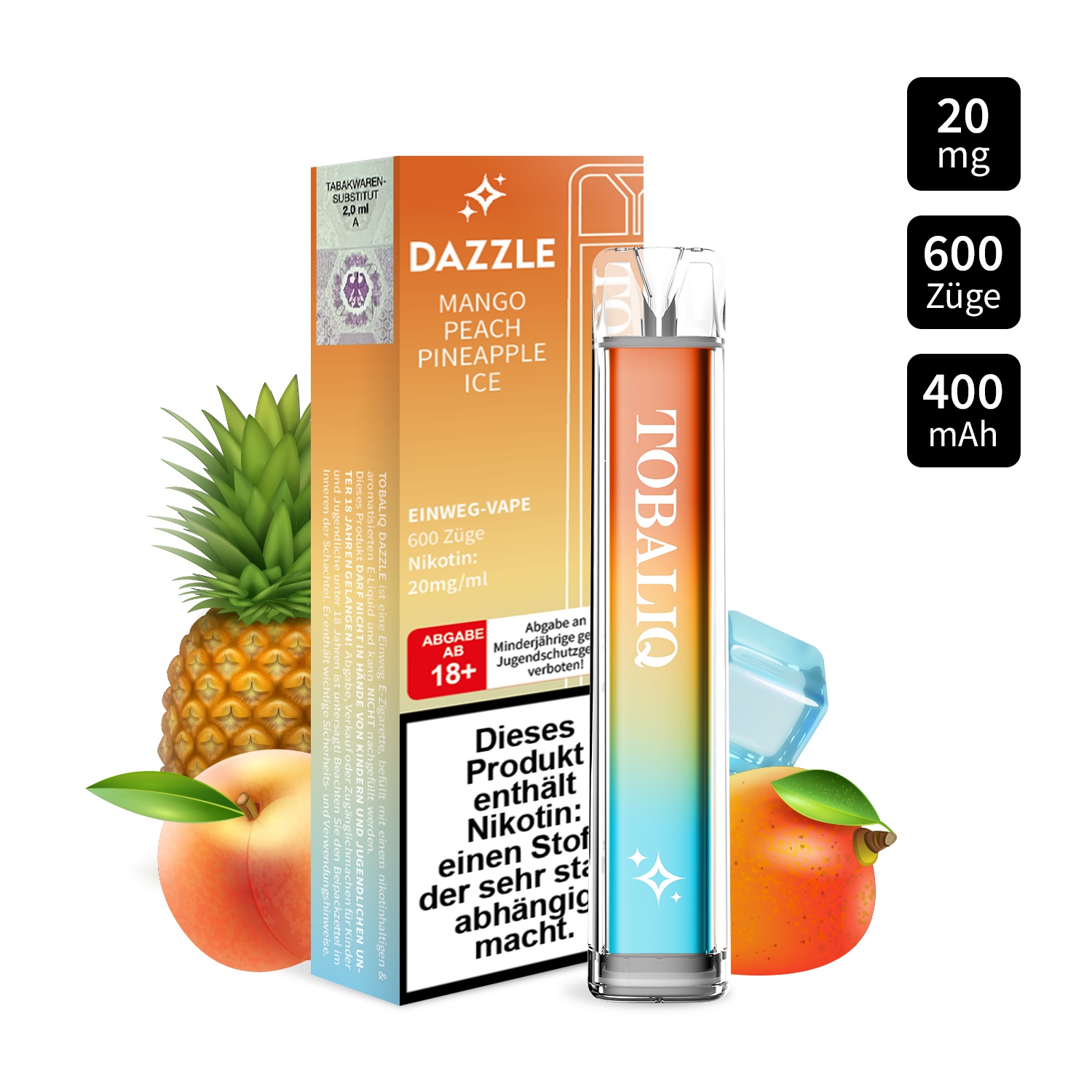 DAZZLE - Einweg-Vape 600 Züge – 20mg Nikotin – MANGO PEACH PINEAPPLE ICE