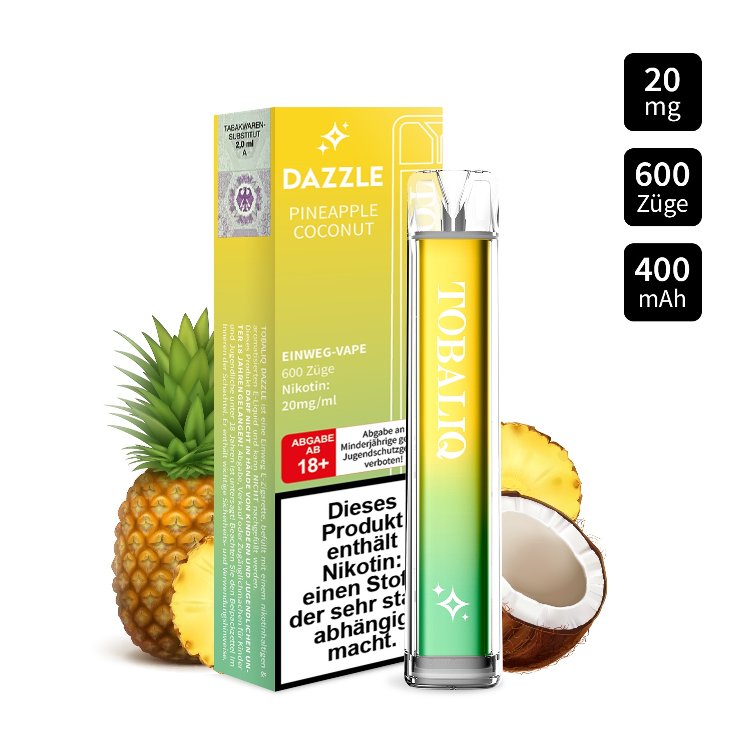 DAZZLE - Einweg-Vape 600 Züge – 20mg Nikotin – PINEAPPLE COCONUT