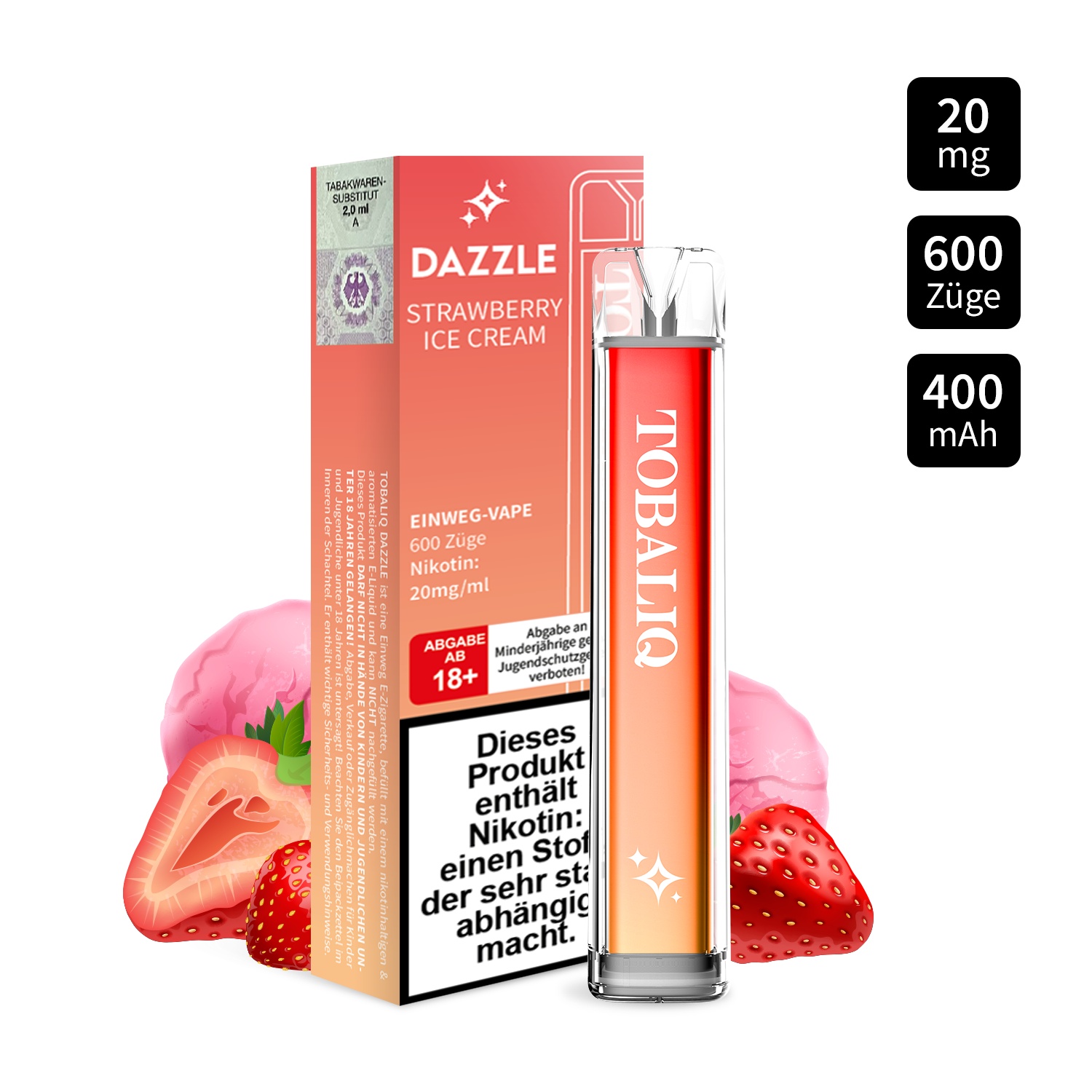 Einweg-Vape |DAZZLE 600 Züge – 20mg Nikotin – STRAWBERRY ICE CREAM