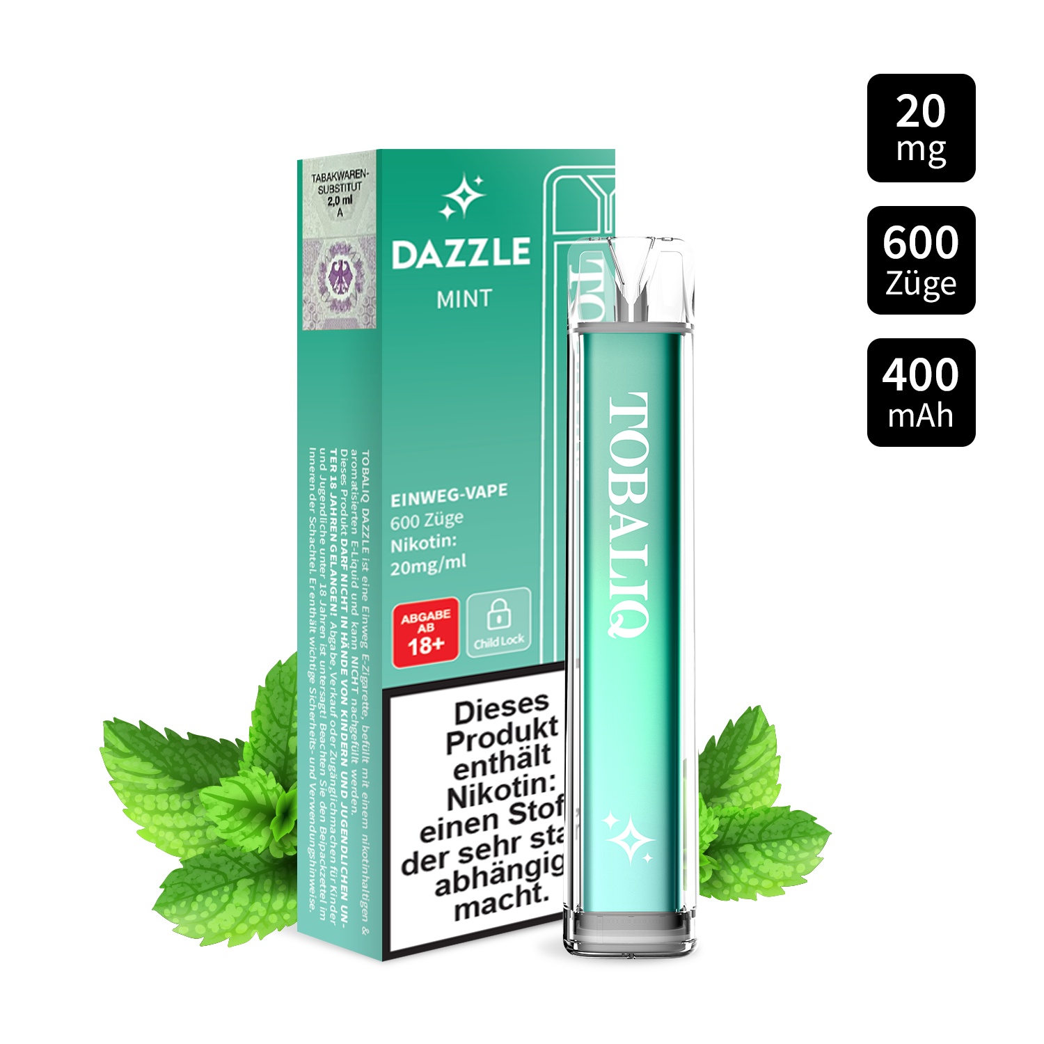 Einweg-Vape |DAZZLE 600 Züge – 20mg Nikotin – MINT