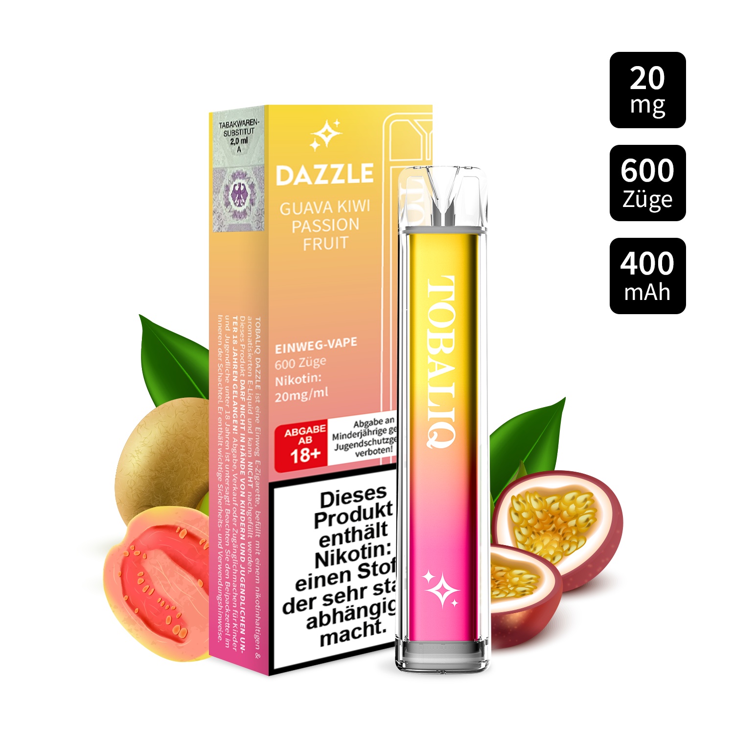 DAZZLE - Einweg-Vape 600 Züge – 20mg Nikotin – GUAVA KIWI PASSIONFRUIT