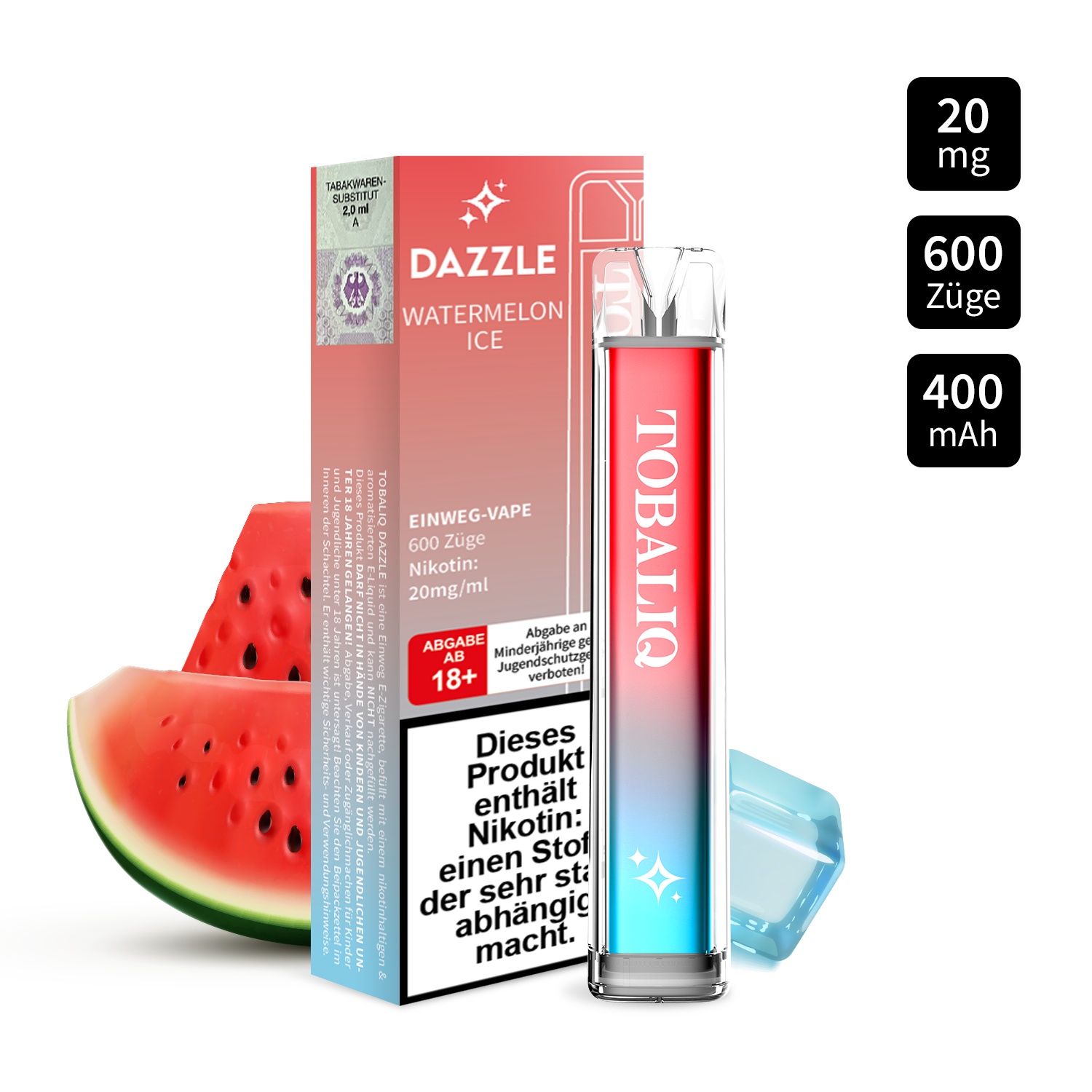 Einweg-Vape |DAZZLE 600 Züge – 20mg Nikotin – WATERMELON ICE