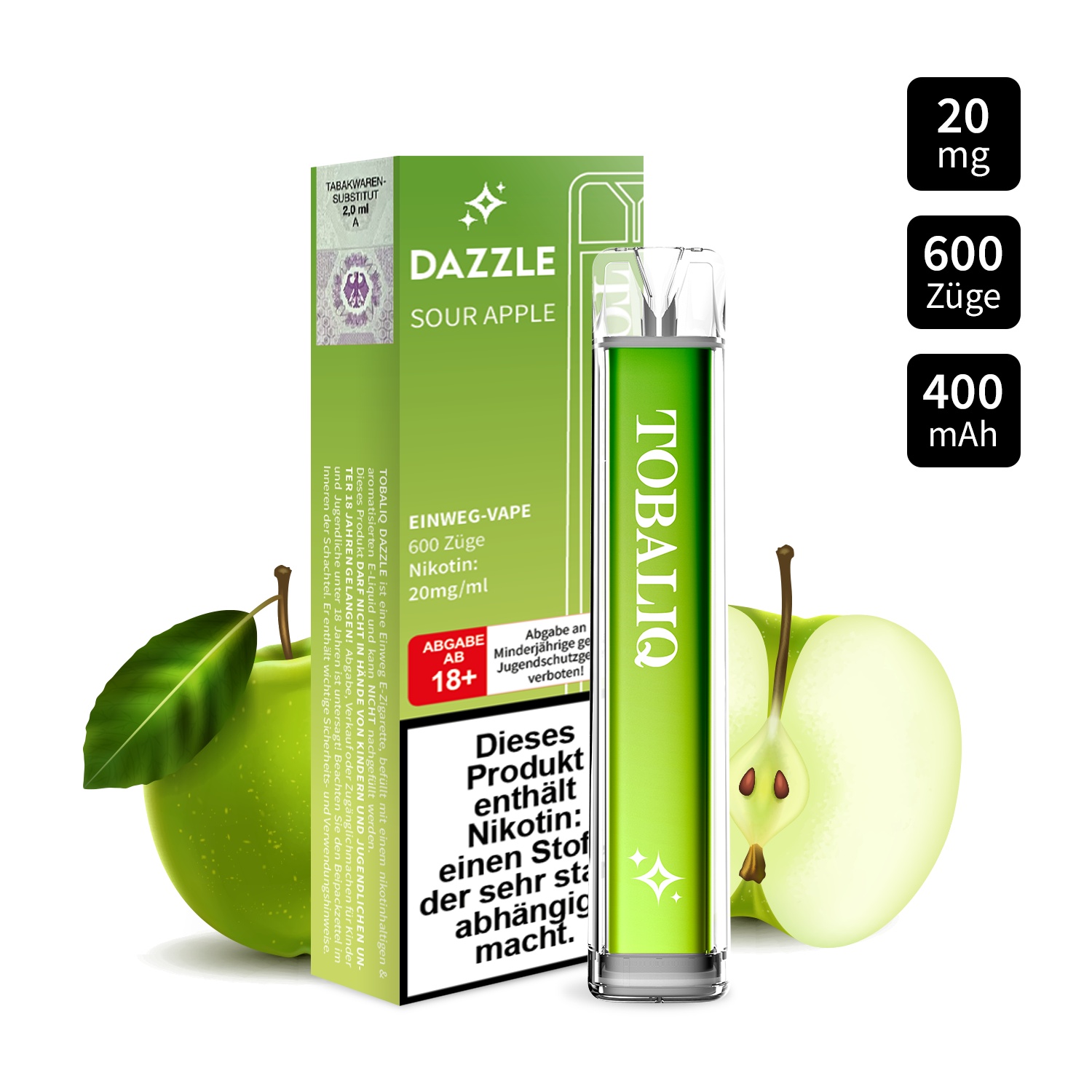 DAZZLE - Einweg-Vape 600 Züge – 20mg Nikotin – SOUR APPLE