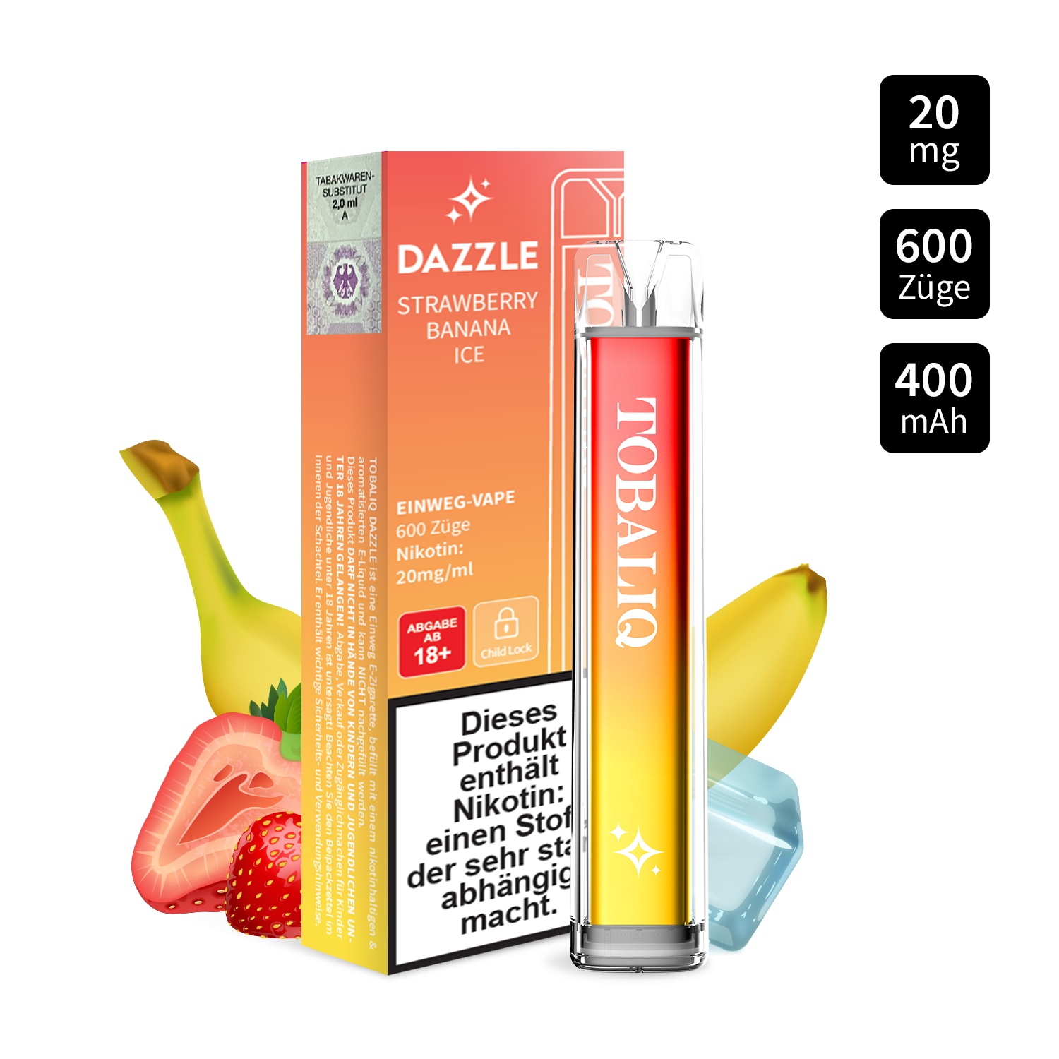 DAZZLE - Einweg-Vape 600 Züge – 20mg Nikotin – STRAWBERRY BANANA ICE