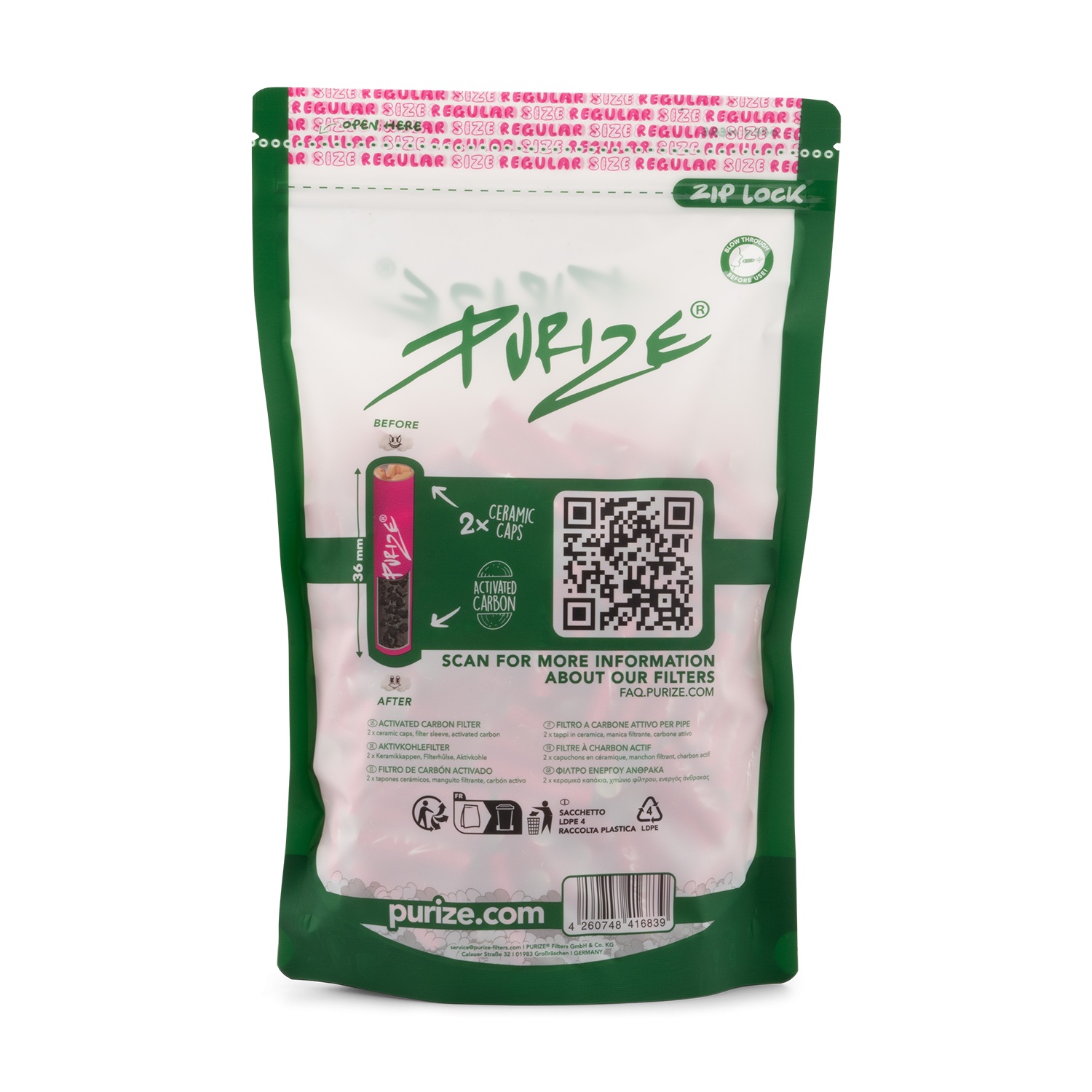 Purize Aktivkohlefilter Regular | Pink ø 9mm 250 Stück