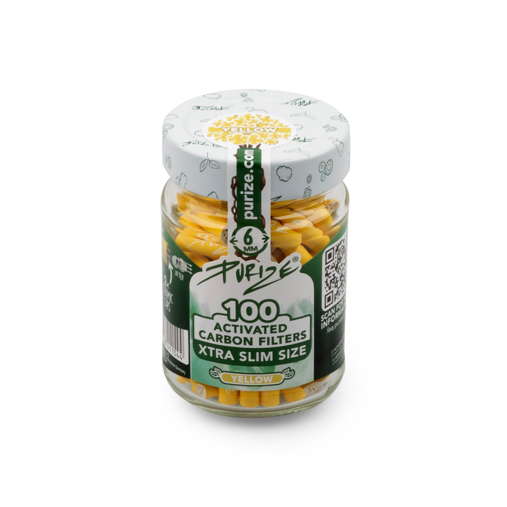 Purize | Aktivkohlefilter Extra Slim Größe | Gelb ø: 6 mm 100er Glas Flasche