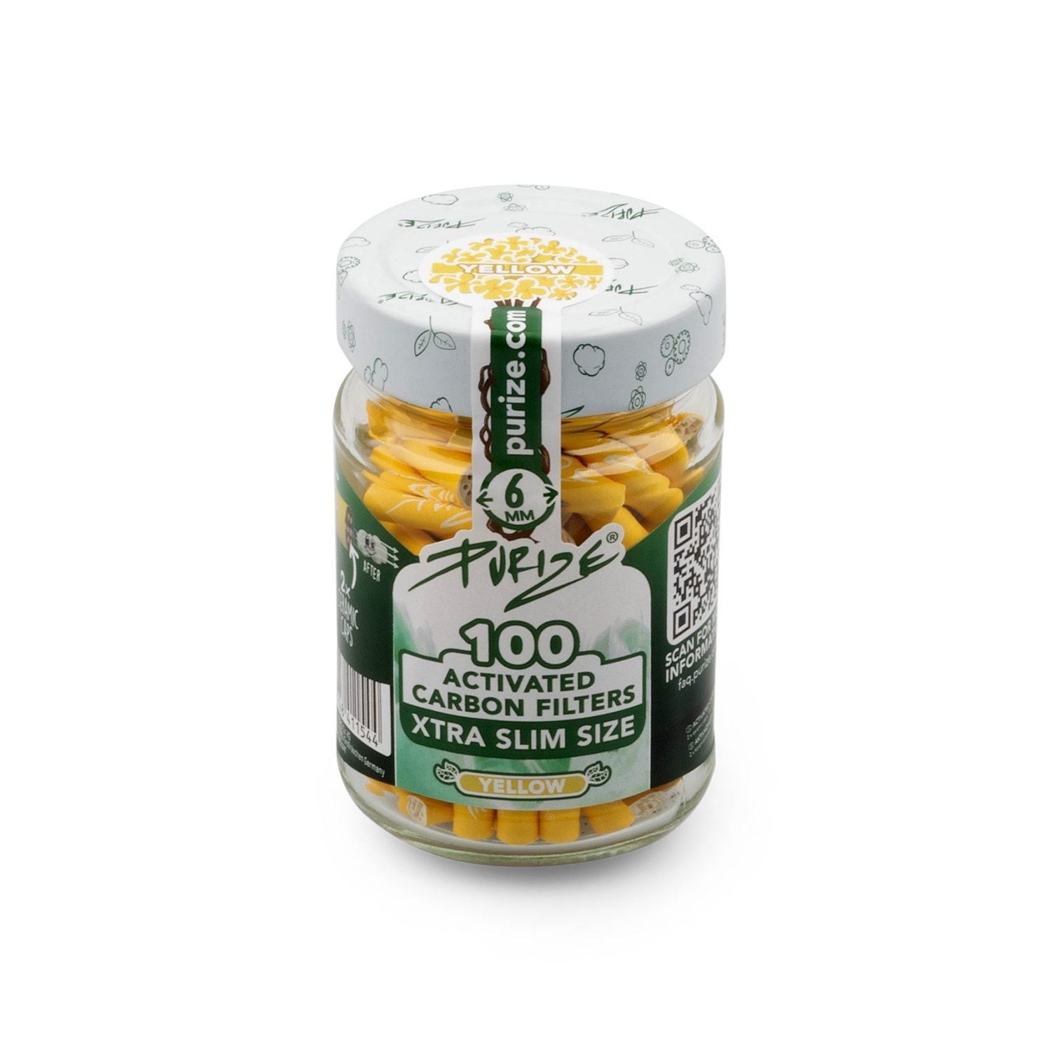 Purize | Aktivkohlefilter Extra Slim Größe | Gelb ø: 6 mm 100er Glas Flasche