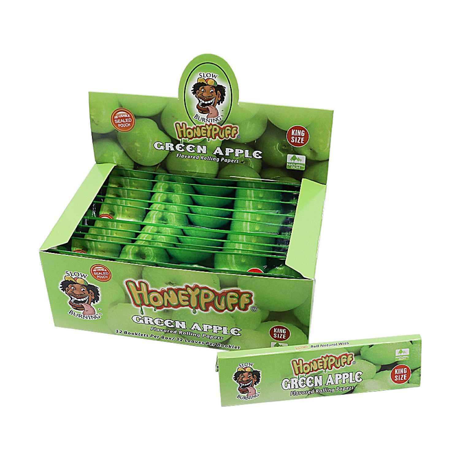 Honey Puff Green Apple Flavored  King Size Rolling Papers 12er box 32 blatt