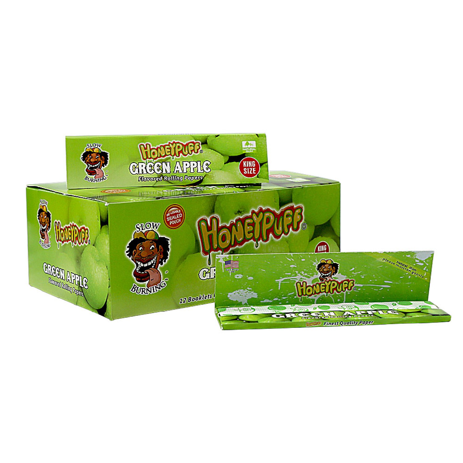 Honey Puff Green Apple Flavored  King Size Rolling Papers 12er box 32 blatt