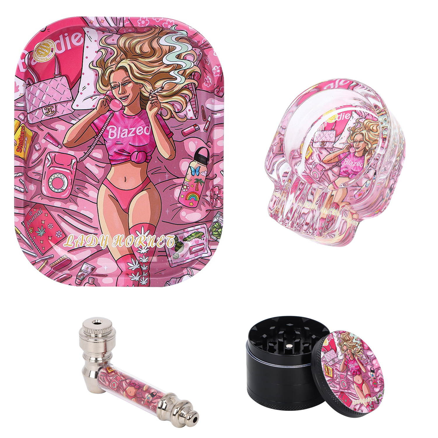 SET 'Lady Hornet' - Metall-Glas Pfeife 7cm + Grinder ø50mm + Rolling Tray + Glas Aschenbecher