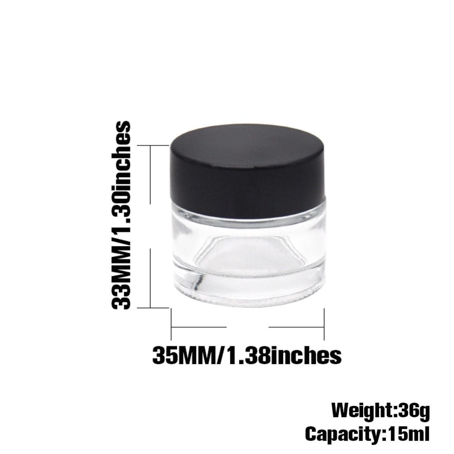 Glasbehälter mit deckel, Klare Glas & Schwarz Deckel | Medium, Größe: 33 × 35mm, Weight: 36g, Capacity: 15ml
