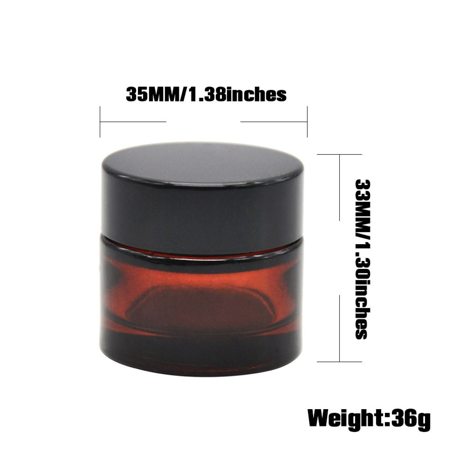 Glasbehälter mit deckel, Braun Glas & Schwarz Deckel | Medium, Größe: 33 × 35mm, Weight: 36g, Capacity: 15ml