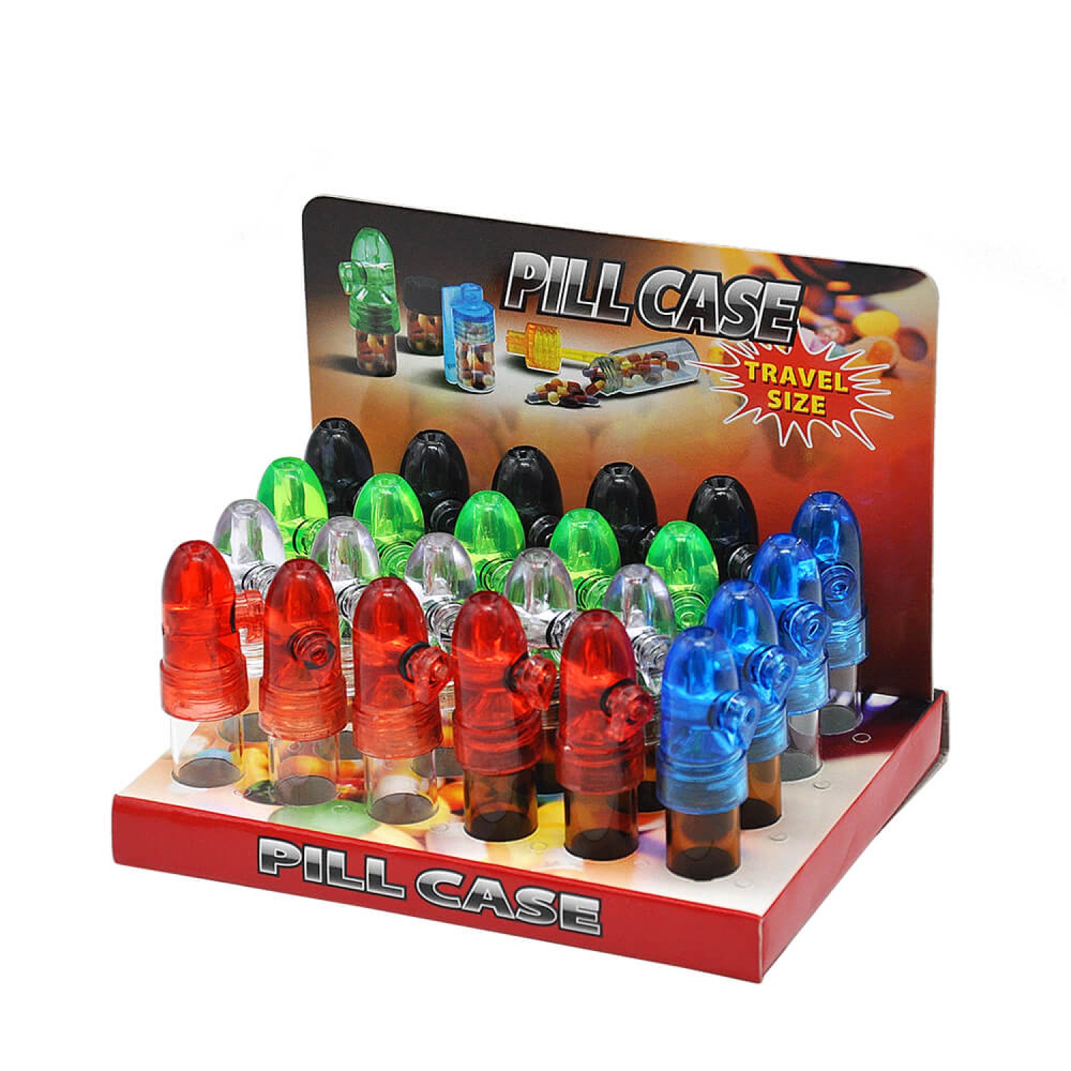 Dosiere mit Glasbehälter, Deckel in verschiedenen Farben, Bottle in transparent/braun, 66 mm, 24er-Packung