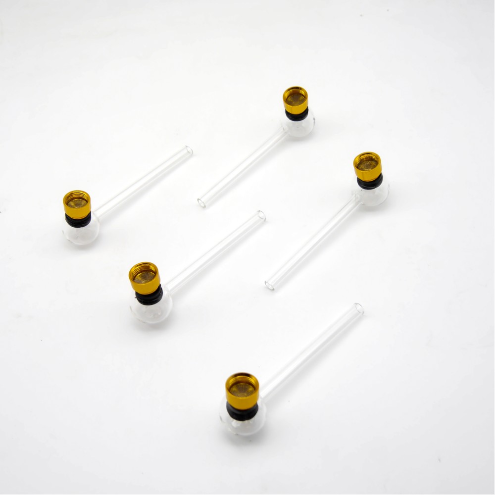 Glaspfeife transparent mit golden Kopf ca. 14cm.
