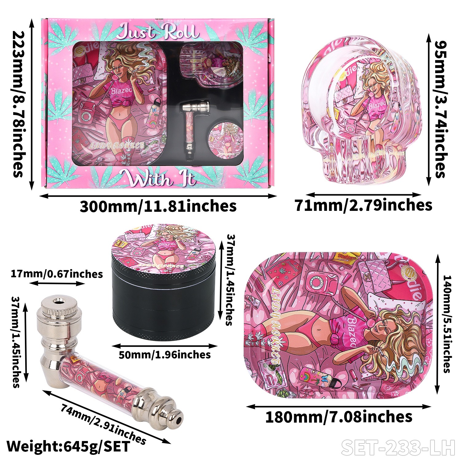 SET 'Lady Hornet' - Metall-Glas Pfeife 7cm + Grinder ø50mm + Rolling Tray + Glas Aschenbecher