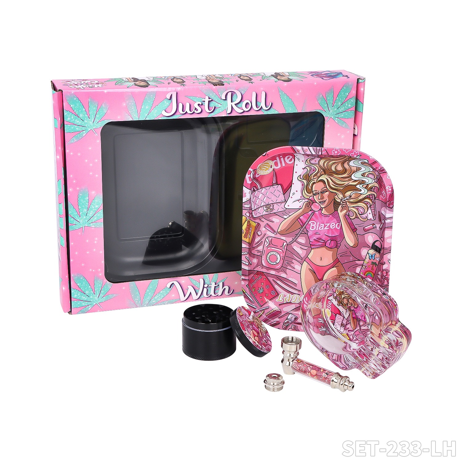 SET 'Lady Hornet' - Metall-Glas Pfeife 7cm + Grinder ø50mm + Rolling Tray + Glas Aschenbecher