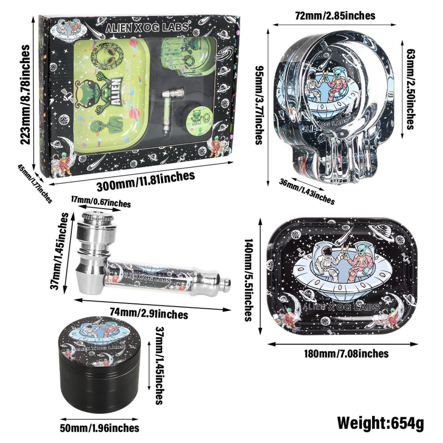 SET 'Alien X OG' - Metall-Glas Pfeife 7cm + Grinder ø50mm + Rolling Tray + Glas Aschenbecher