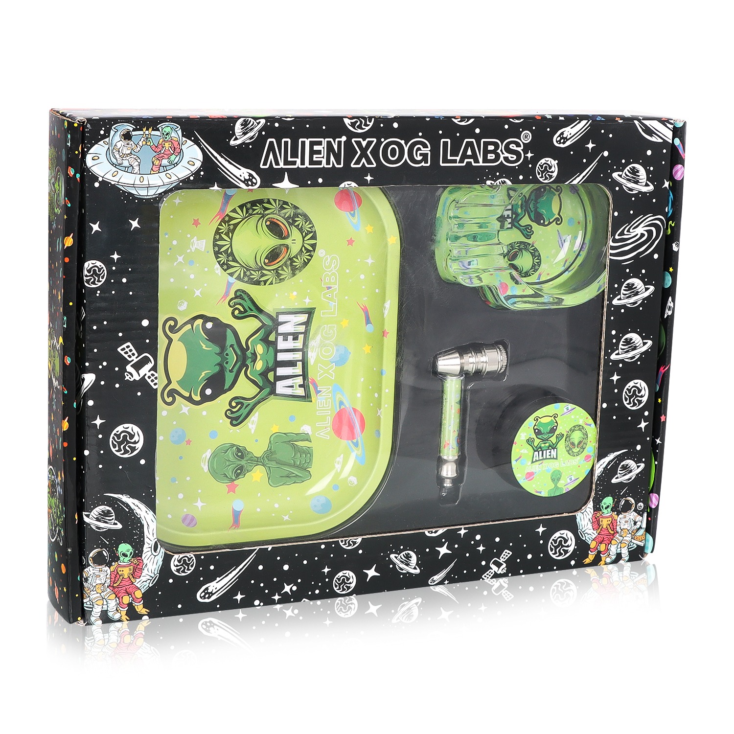 SET 'Alien X OG' - Metall-Glas Pfeife 7cm + Grinder ø50mm + Rolling Tray + Glas Aschenbecher