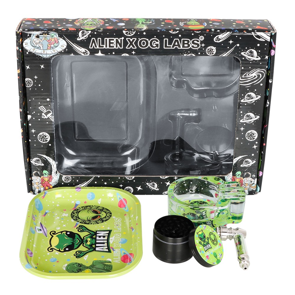 SET 'Alien X OG' - Metall-Glas Pfeife 7cm + Grinder ø50mm + Rolling Tray + Glas Aschenbecher