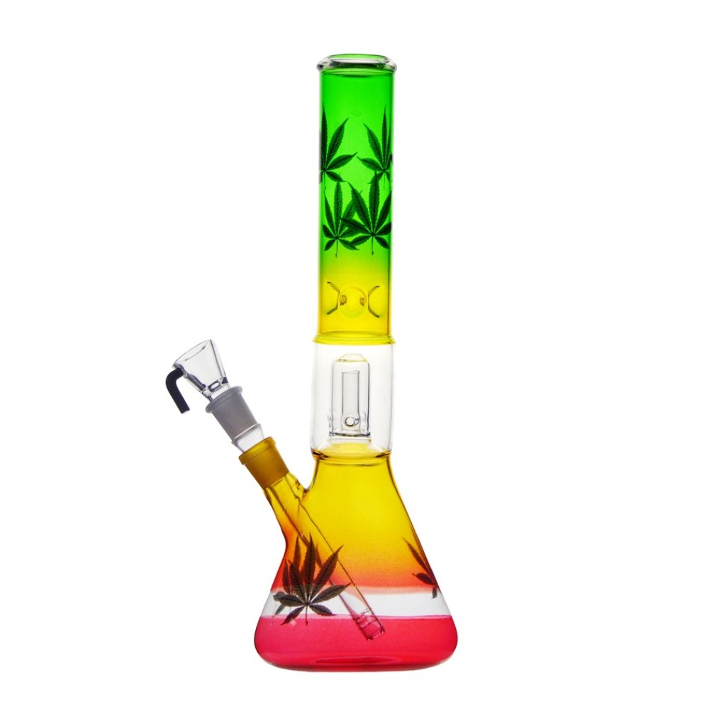 Glasbong mit konische Form, Perkolator und Eis | Rastafarben mit Blätterdekor | Höhe: 40 cm, Ø:50 mm, Schliff: 18,8 mm