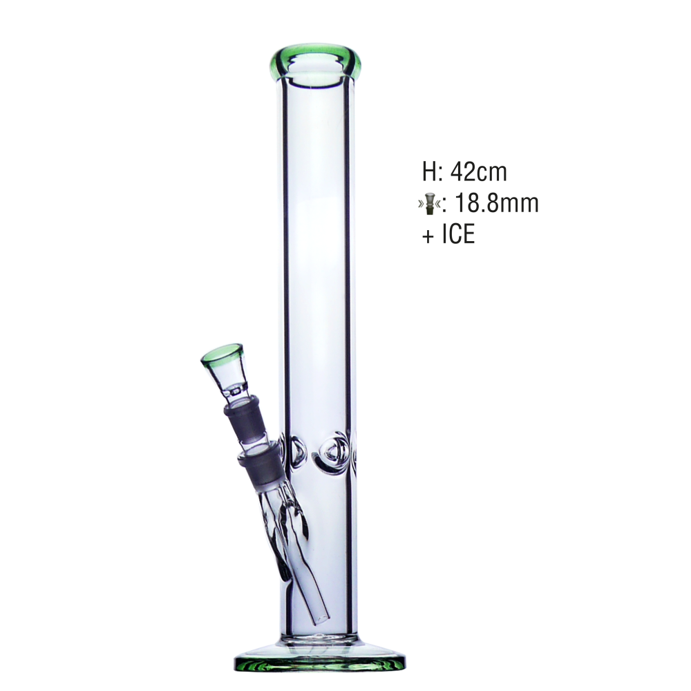 7MM.Glassbong + Eis 42cm. 18,8 schl. mund und base is green. mit steck chillum.