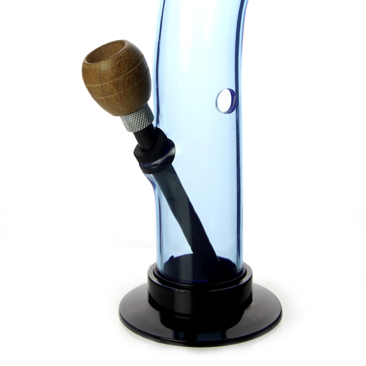 Acryl-Bong mit gebogenem Griff, kugelförmig, mit Holzkopf, Hell blau, ca. Ø 40 mm, H: 26 cm