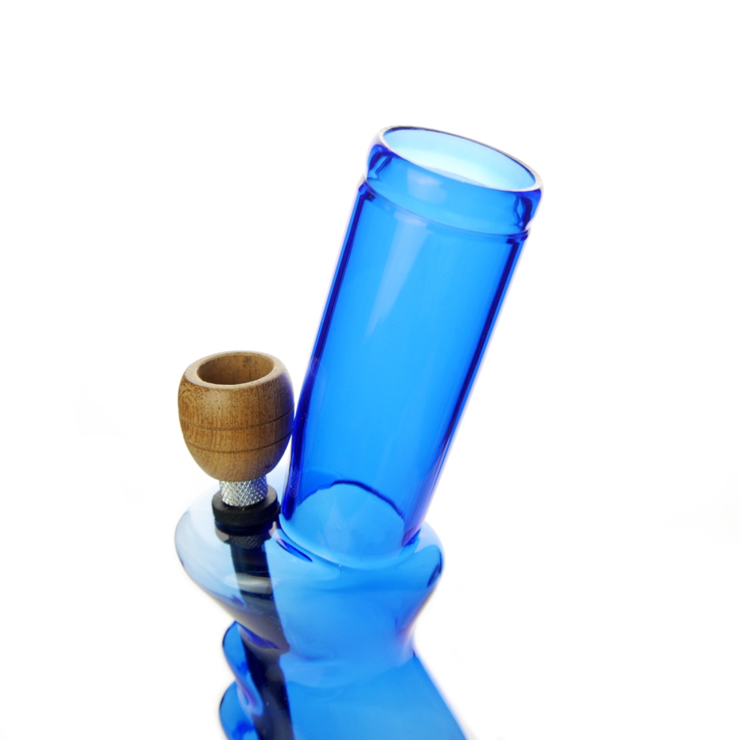 Acryl-Bong mit gebogenem Griff, kugelförmig, mit Holzkopf, blau, ca. Ø 40 mm, H: 26 cm