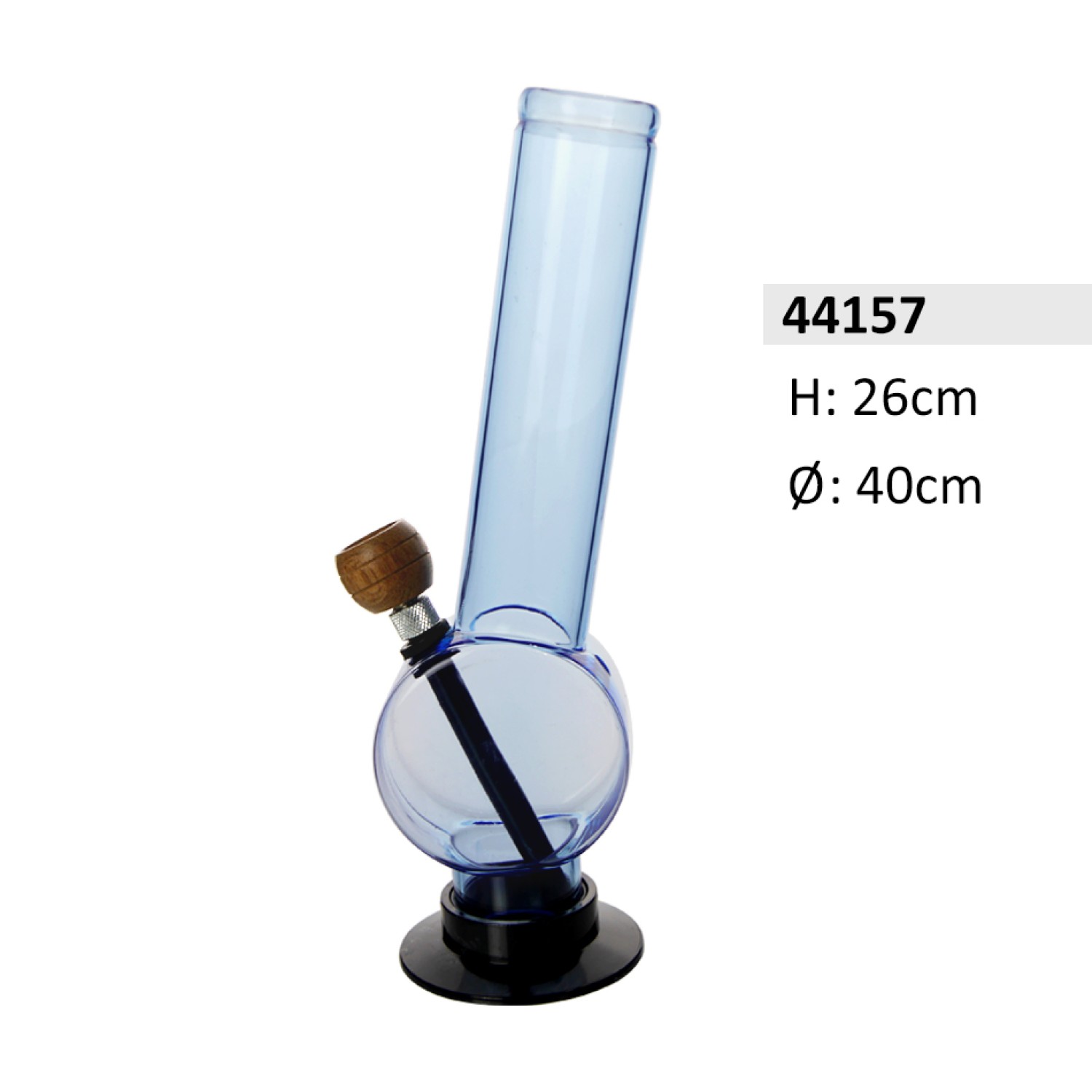 Acryl-Bong mit gebogenem mit Trommel Bauch, mit Holzkopf, Hell blau, ca. Ø 40 mm, H: 26 cm