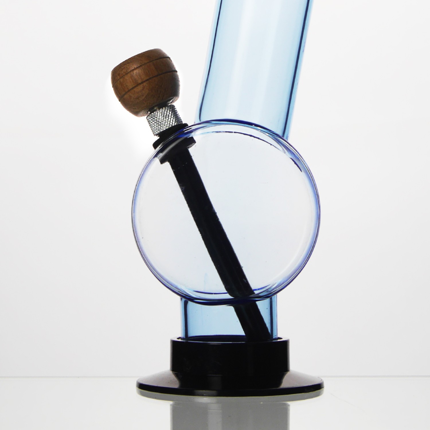 Acryl-Bong mit gebogenem mit Trommel Bauch, mit Holzkopf, Hell blau, ca. Ø 40 mm, H: 26 cm