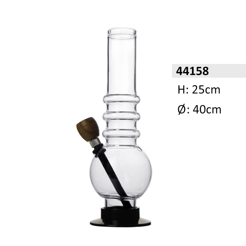 Acrylbong Klare gerade mit Bauch & 3 Ringe & mit Holz Kopf ca. Ø40mm, Hoch: 25cm 