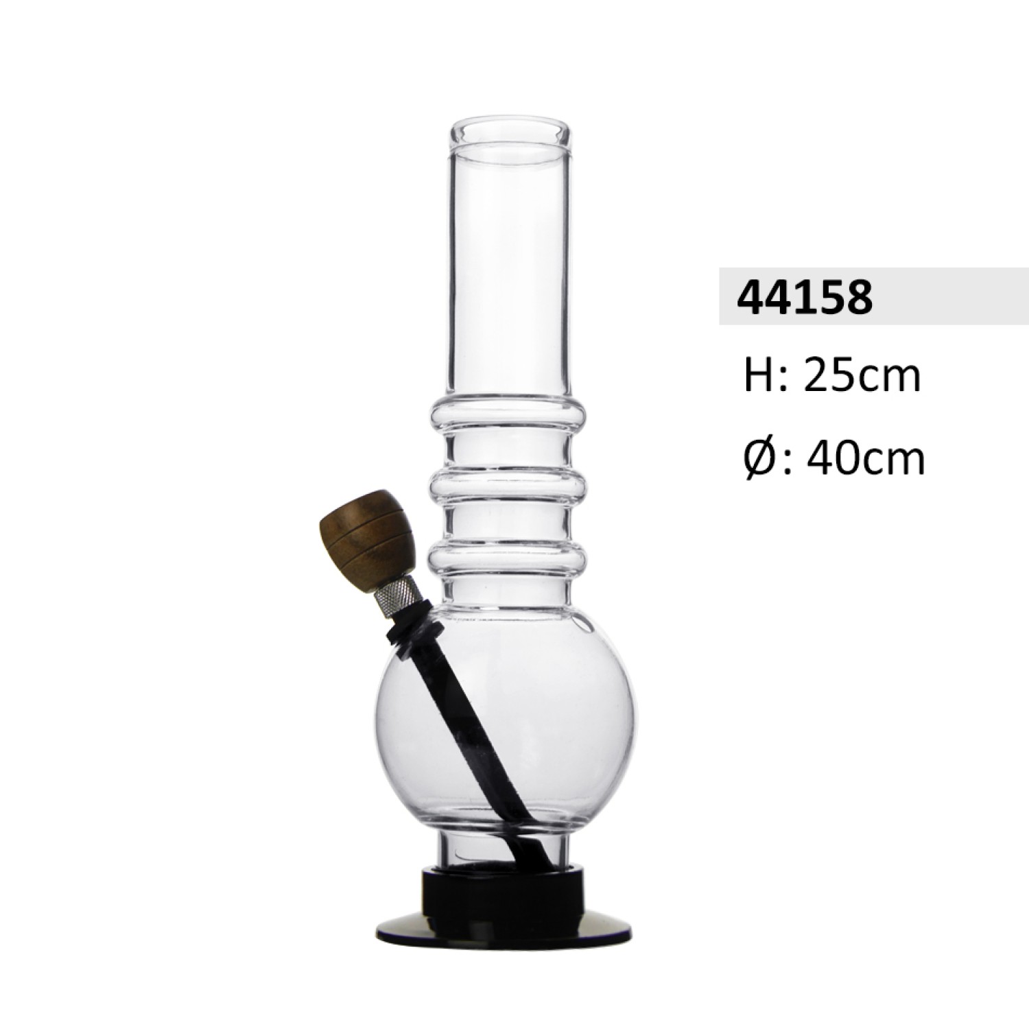 Acrylbong Klare gerade mit Bauch & 3 Ringe & mit Holz Kopf ca. Ø40mm, Hoch: 25cm 