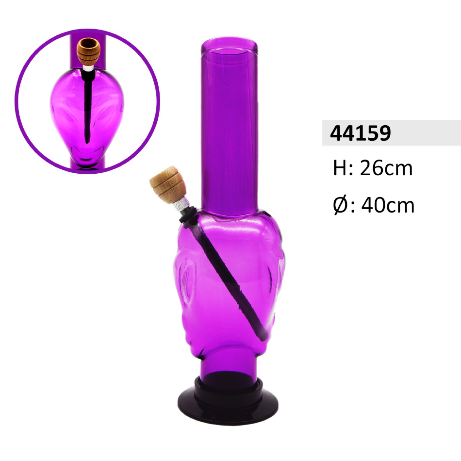 Acrylbong Lila mit Alien form & holz Kopf ca. Ø40mm, Hoch: 26cm 