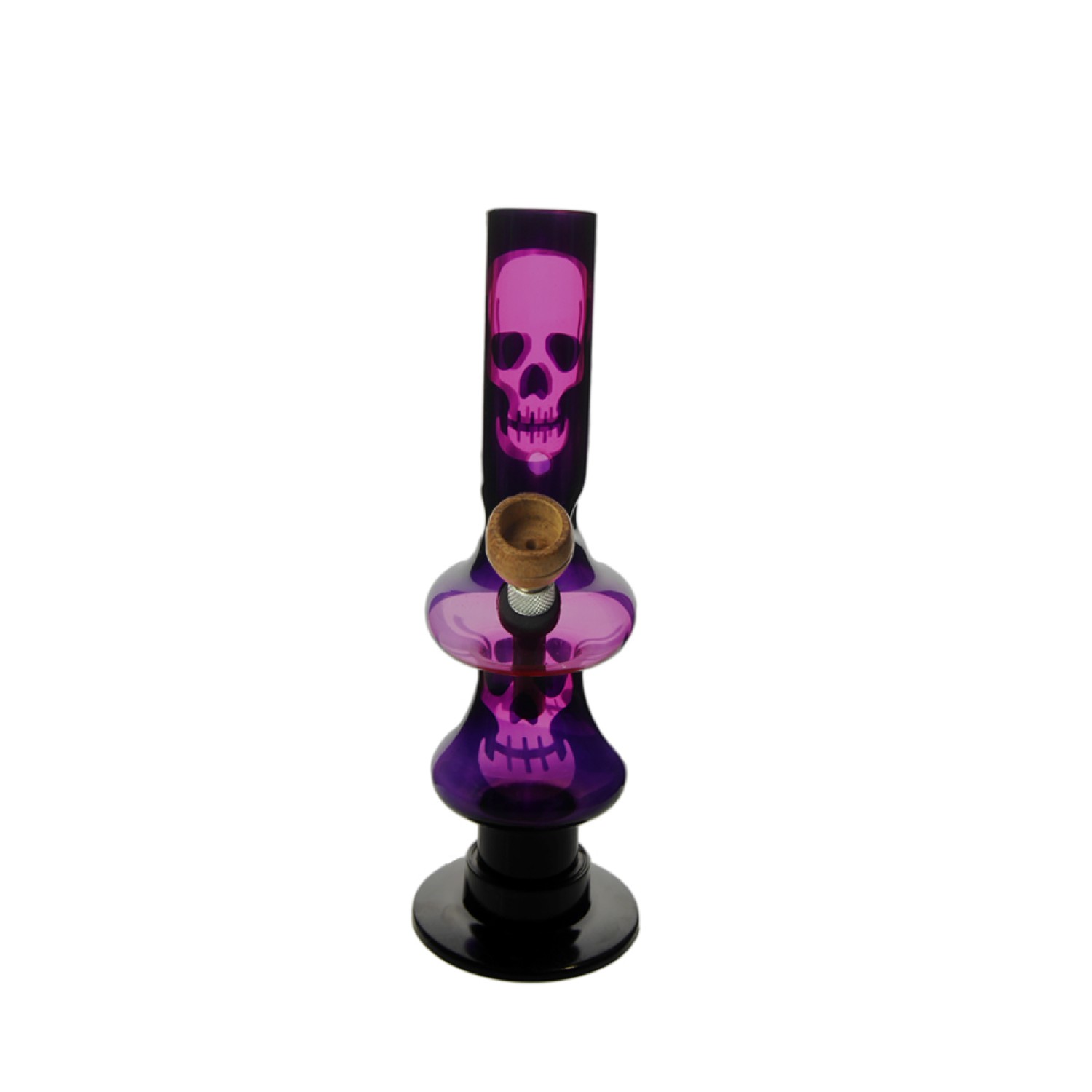 Acryl Ice bong Rosa/Schwarz mit 2 Kugel Totenkopf Motive , HolzKopf ca. Ø: 28mm , H: 21cm